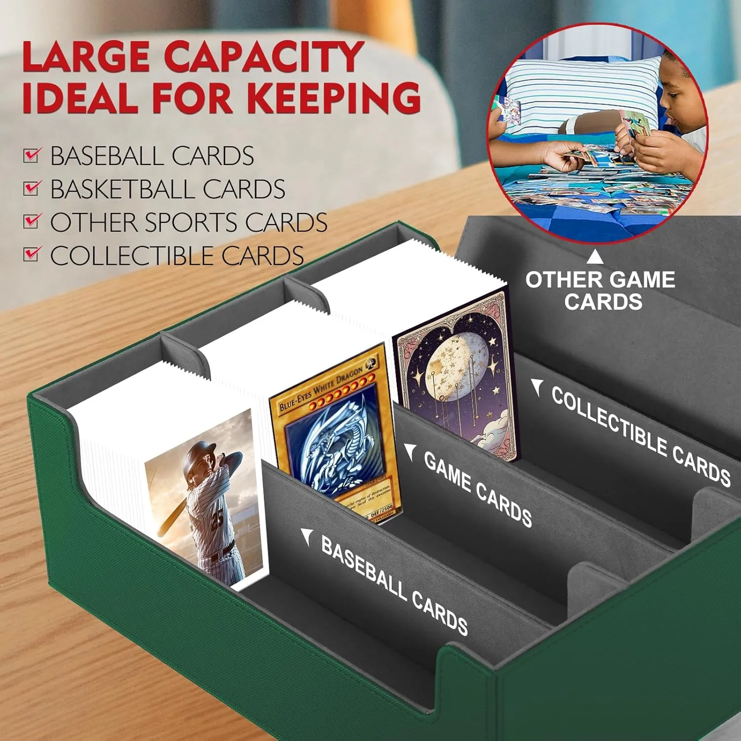 1800  Card Deck Case – PU Leather Trading Card Box Storage Lined MTG Deck Box, Card Box for YuGiOh Deck, Bloomburrow MTG, Baseball, Fnal Fantasy MTG, TCG Storage Deck Box (Green/Grey)