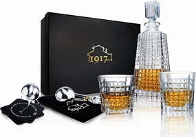 1917 Whiskey Decanter 9 Pieces Set, Crystal Whiskey Decanter and Glass Set with Bar Accessories in Gift Box, Premium Liquor Decanter Set, Perfect for Scotch, Bourbon, Brandy, Gifts for Men