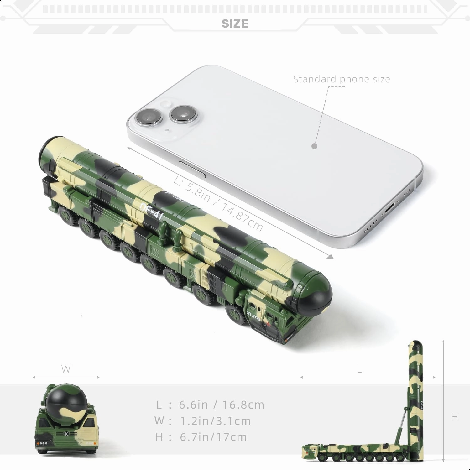 1/144 DF-41 Missile Launcher Car Model Toy Alloy Die-cast Metal Army Military Fighting Vehicle Model Toy Military Enthusiasts Collection or Gift (627205)