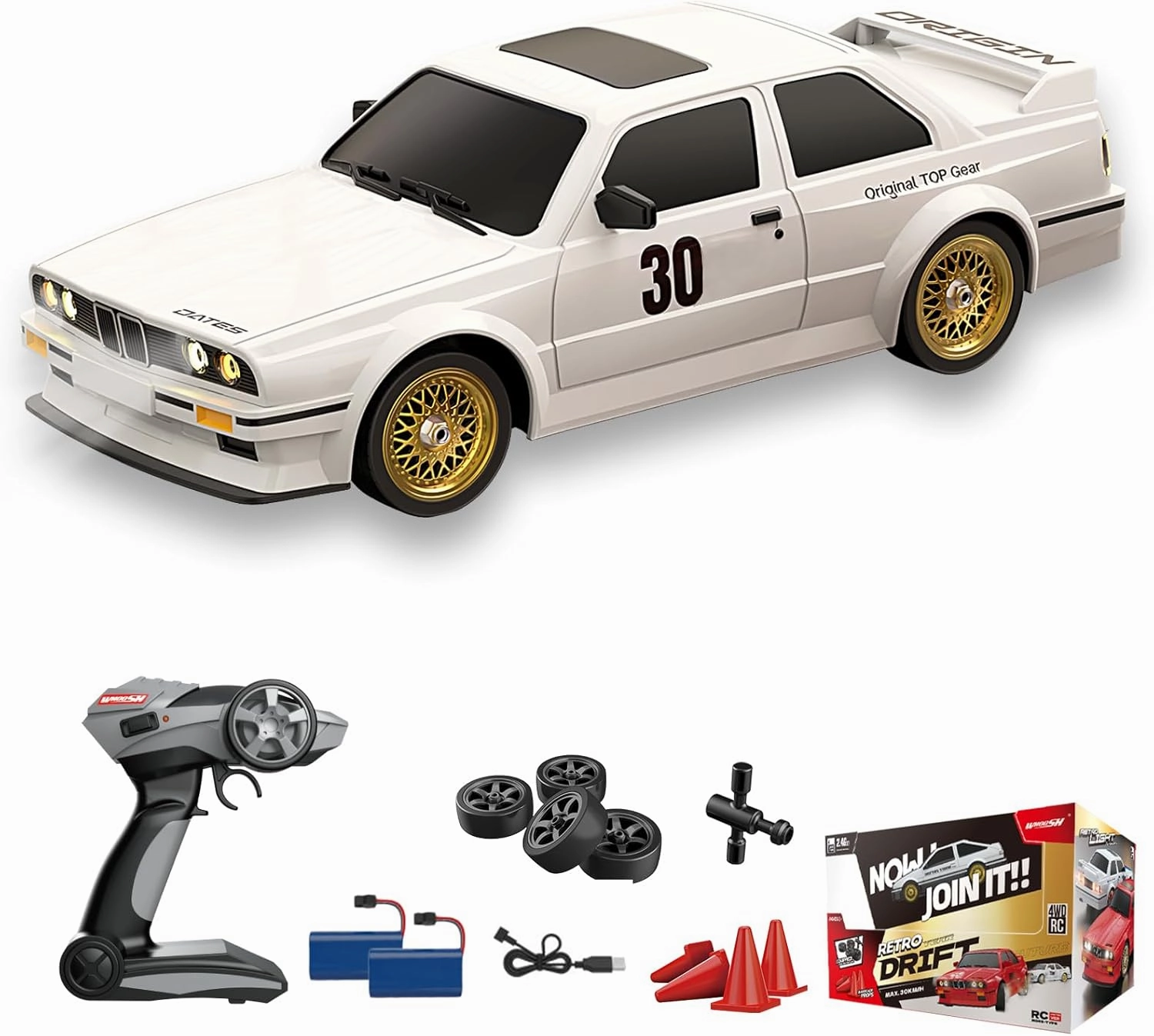 1:16 Scale RC Drift Car, 30KM/H 4WD 2.4GHz Remote Control Cars with LED Light, Racing and 4 Drifting Wheels, 2 Rechargeable Batteries, Perfect Toy Gift for Boys, Girls, Kids White