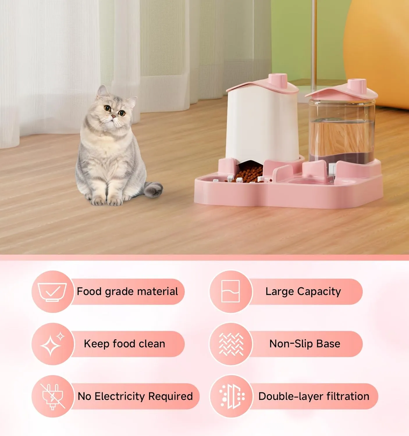 2-in-1 Gravity Pet Feeder and Water Dispenser, Dog Cat Food Dispenser, Small Pet Food and Water Dispenser, Pet Feeder Water Bowl, Easy to Clean (Pink)