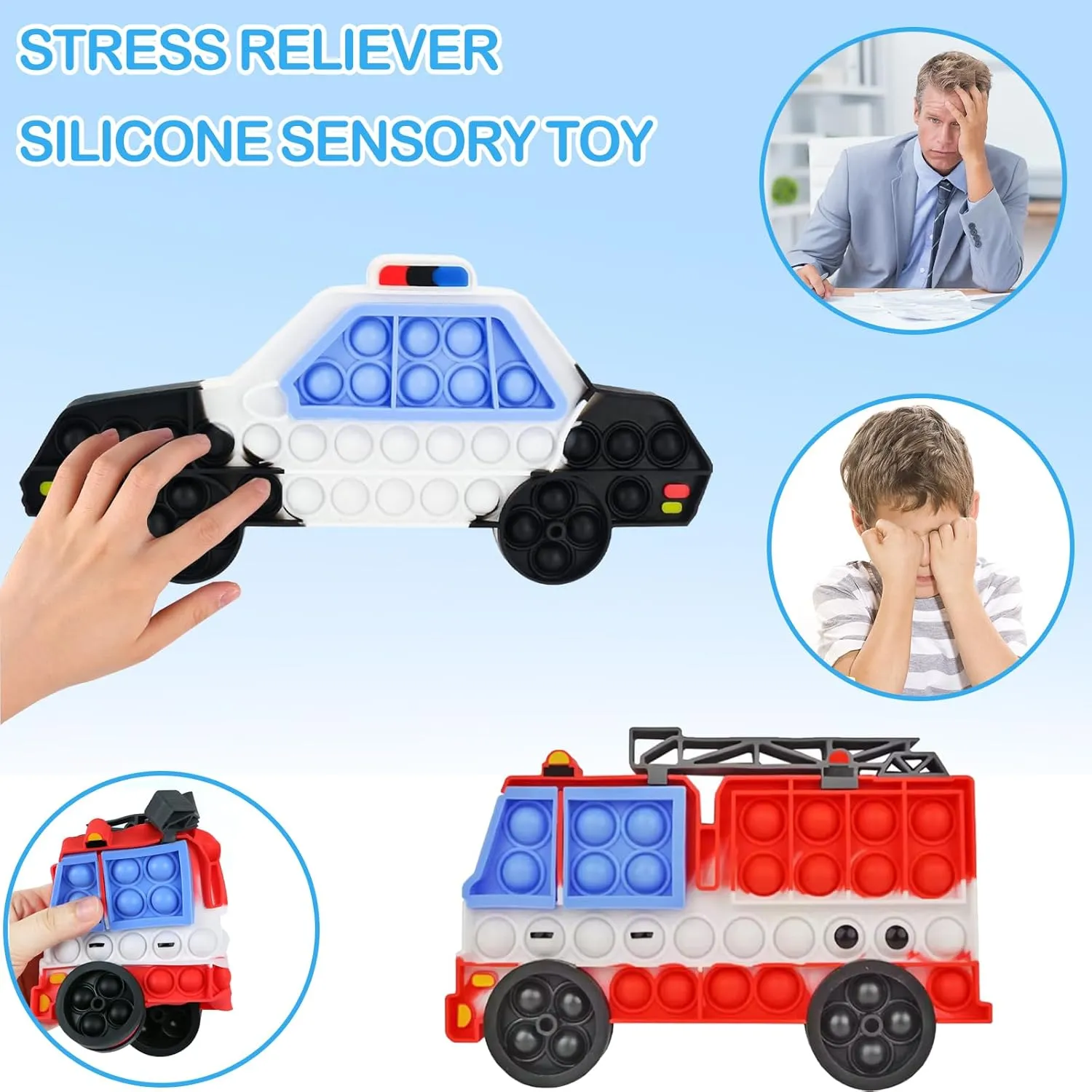 2 Packs Fidget Sensory Toys,Kids Boy Police Car Fire Truck Vehicle Toy,Detachable and Assembled Puzzle Fidgets,Stress Relief Autism Push Bubble Poppers,Travel Birthday Gifts for Toddlers Teens