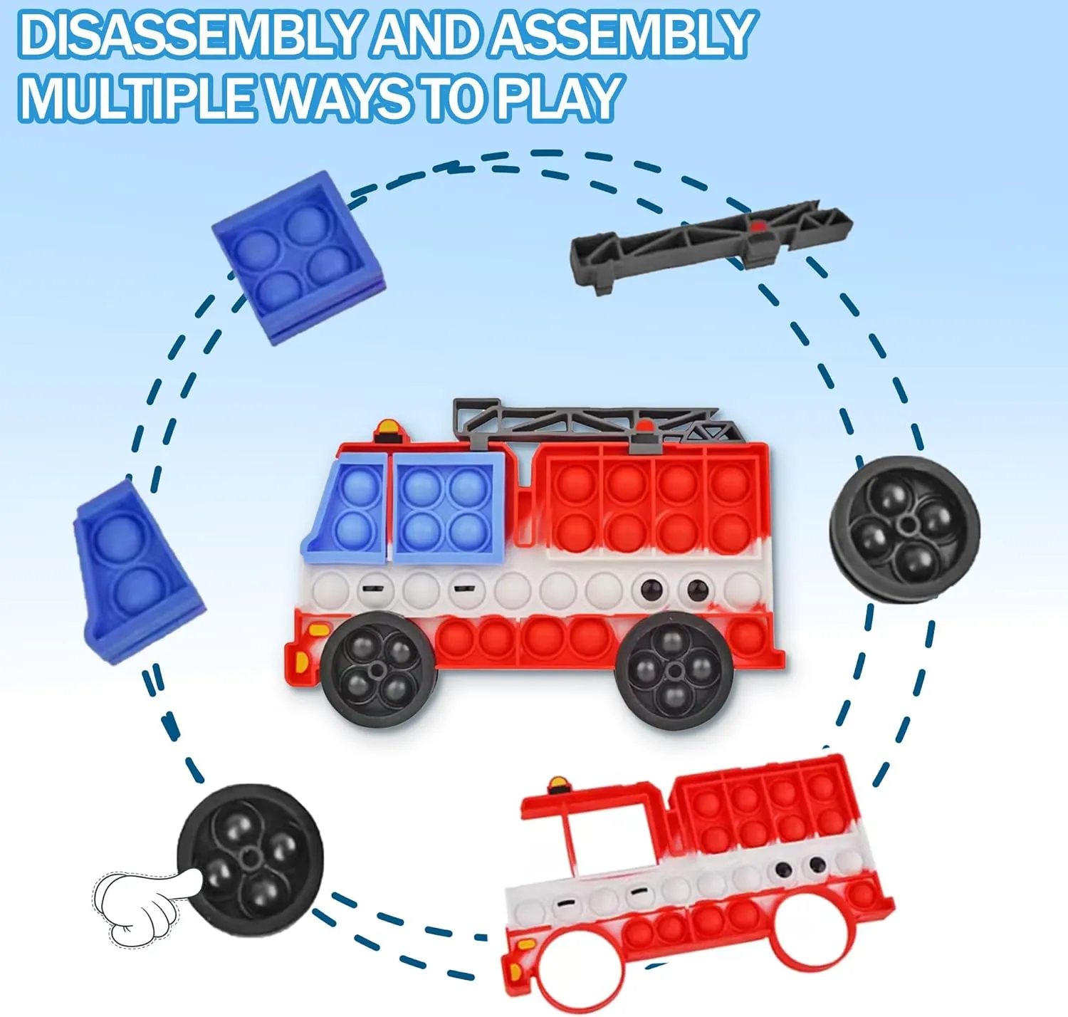2 Packs Fidget Sensory Toys,Kids Boy Police Car Fire Truck Vehicle Toy,Detachable and Assembled Puzzle Fidgets,Stress Relief Autism Push Bubble Poppers,Travel Birthday Gifts for Toddlers Teens