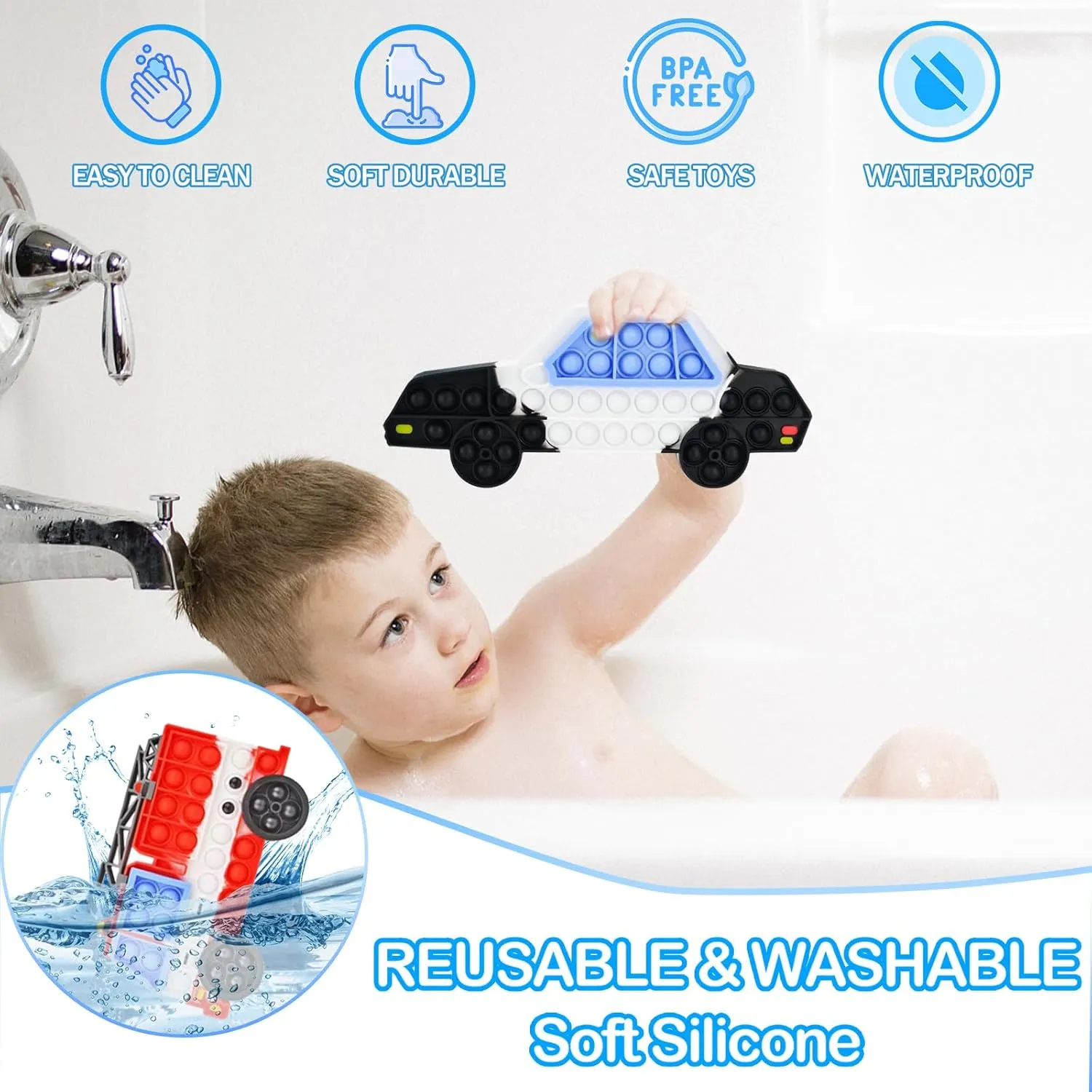 2 Packs Fidget Sensory Toys,Kids Boy Police Car Fire Truck Vehicle Toy,Detachable and Assembled Puzzle Fidgets,Stress Relief Autism Push Bubble Poppers,Travel Birthday Gifts for Toddlers Teens
