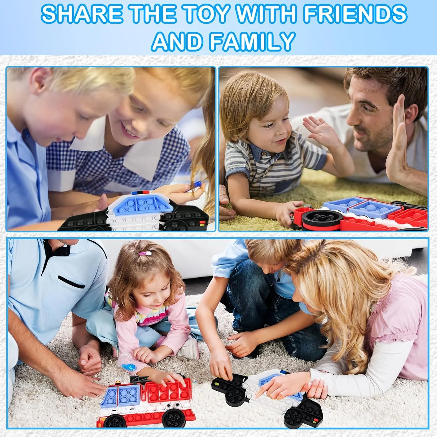 2 Packs Fidget Sensory Toys,Kids Boy Police Car Fire Truck Vehicle Toy,Detachable and Assembled Puzzle Fidgets,Stress Relief Autism Push Bubble Poppers,Travel Birthday Gifts for Toddlers Teens