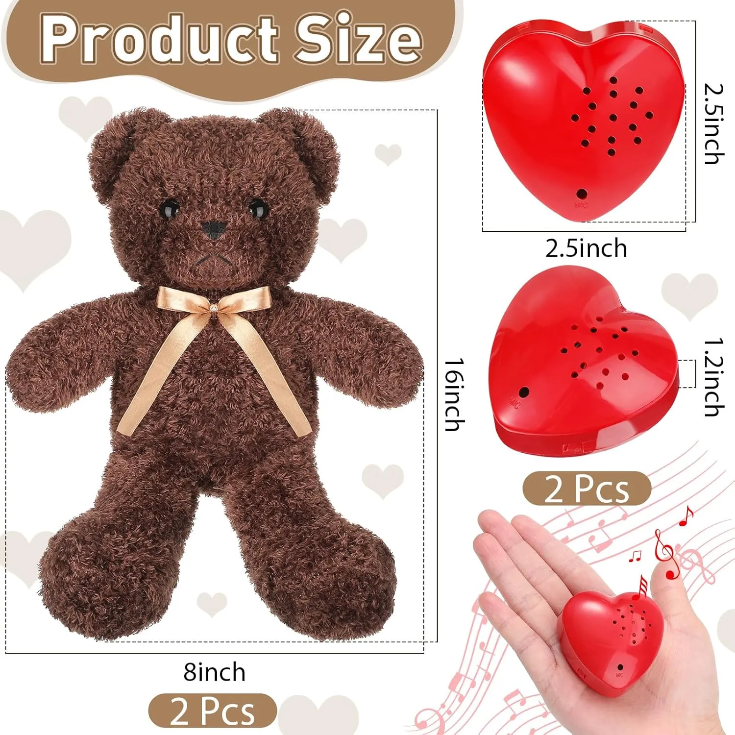 2 Pcs Bear Stuffed Animals with Voice Recorder Set, 60 Seconds Voice Sound Recorder Module 16 Inch Soft Plush Bear Cute Stuffed Bear with Zipper Sound Box Recordable Heart for Boys Girls (Dark Brown)