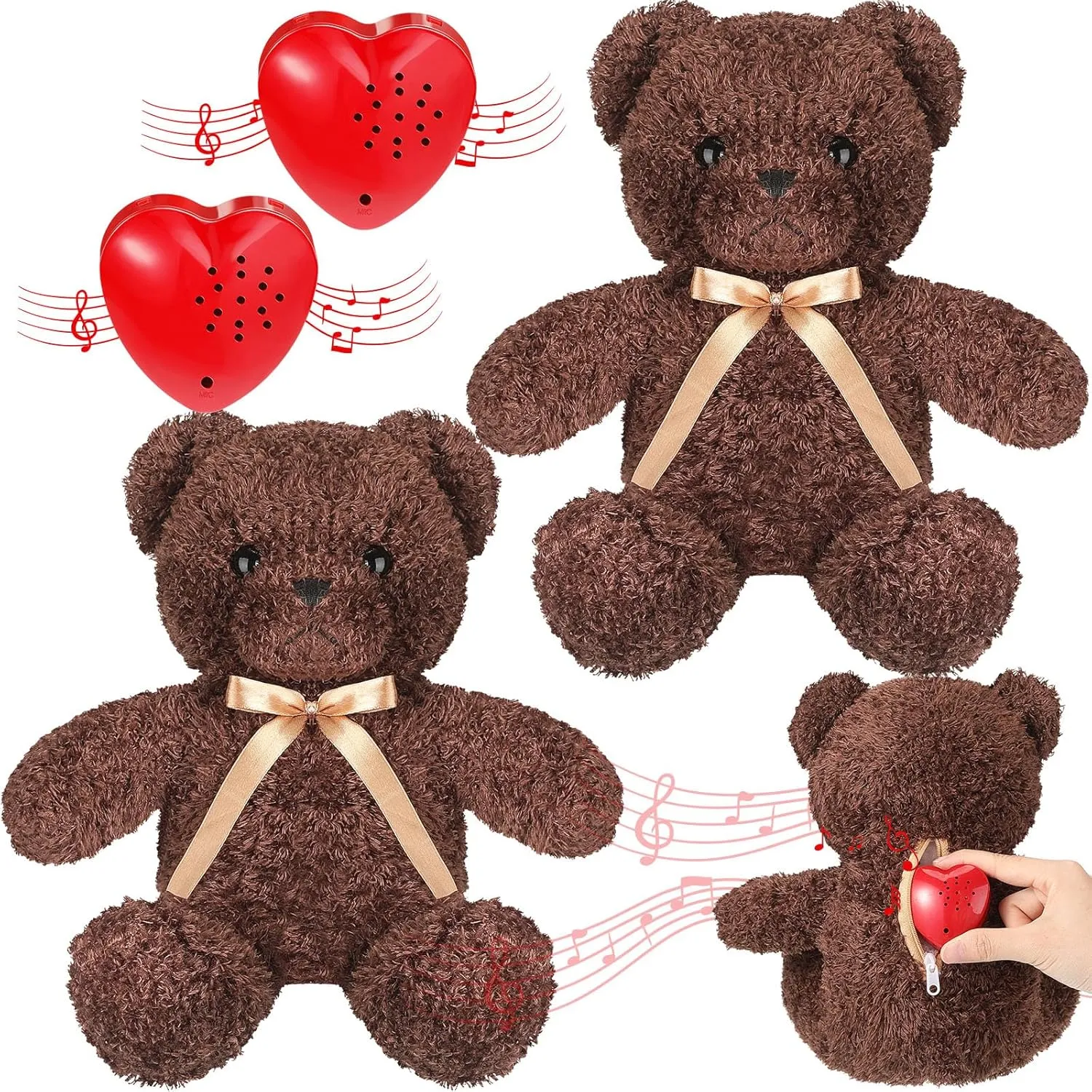 2 Pcs Bear Stuffed Animals with Voice Recorder Set, 60 Seconds Voice Sound Recorder Module 16 Inch Soft Plush Bear Cute Stuffed Bear with Zipper Sound Box Recordable Heart for Boys Girls (Dark Brown)