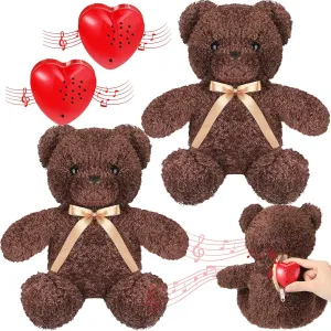 2 Pcs Bear Stuffed Animals with Voice Recorder Set, 60 Seconds Voice Sound Recorder Module 16 Inch Soft Plush Bear Cute Stuffed Bear with Zipper Sound Box Recordable Heart for Boys Girls (Dark Brown)