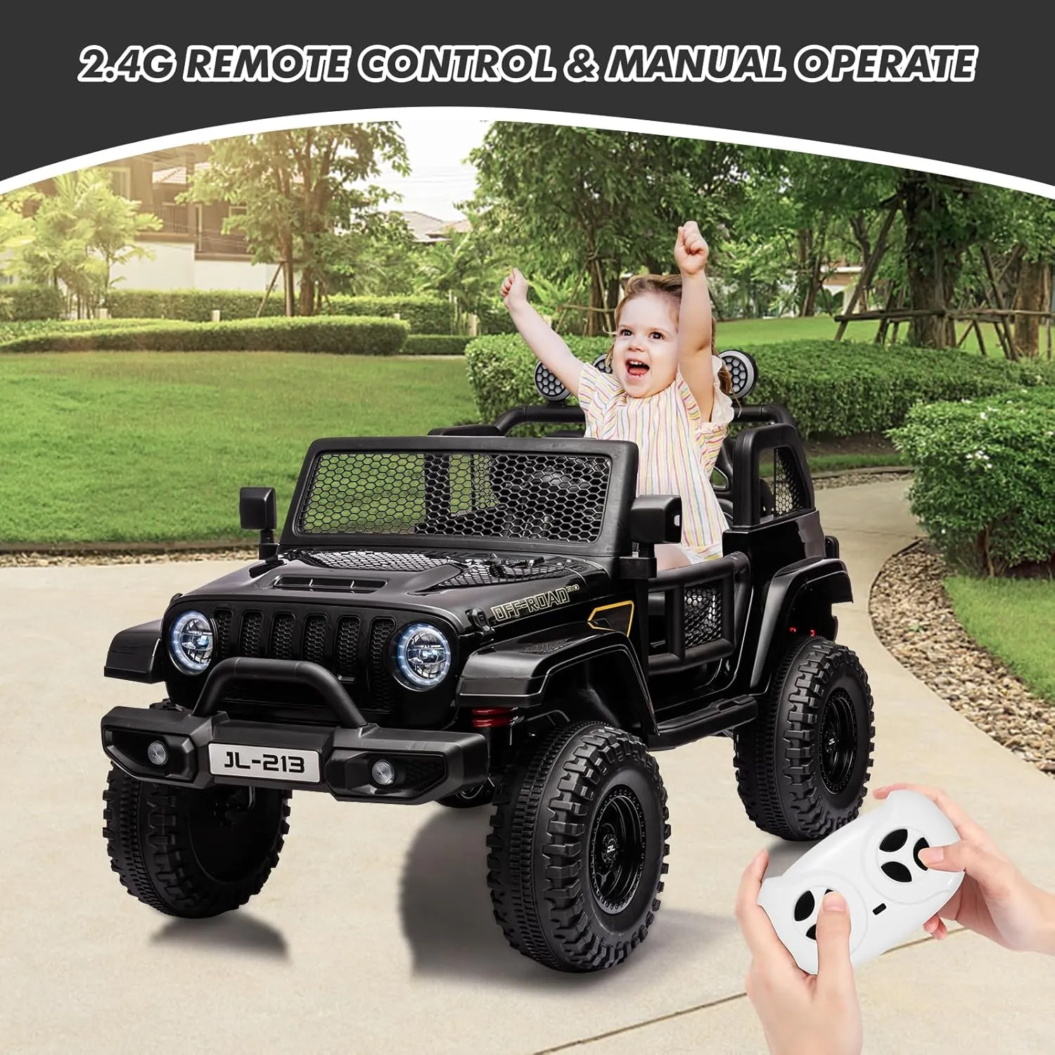 2 Seater Kids Ride on Car 24V Electric Vehicles for Toddlers 2WD/4WD Switchable Battery Powered Truck Cars with Remote Control, Trunk, 4-Wheeler Suspension, LED Lights, Music (Black)