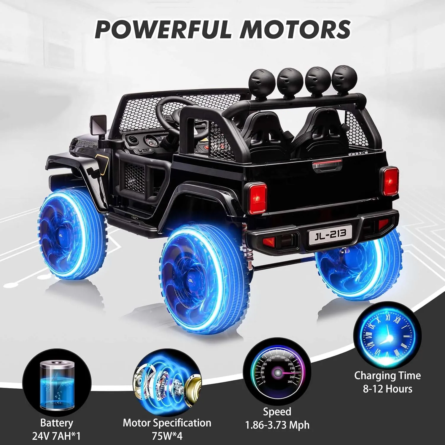 2 Seater Kids Ride on Car 24V Electric Vehicles for Toddlers 2WD/4WD Switchable Battery Powered Truck Cars with Remote Control, Trunk, 4-Wheeler Suspension, LED Lights, Music (Black)