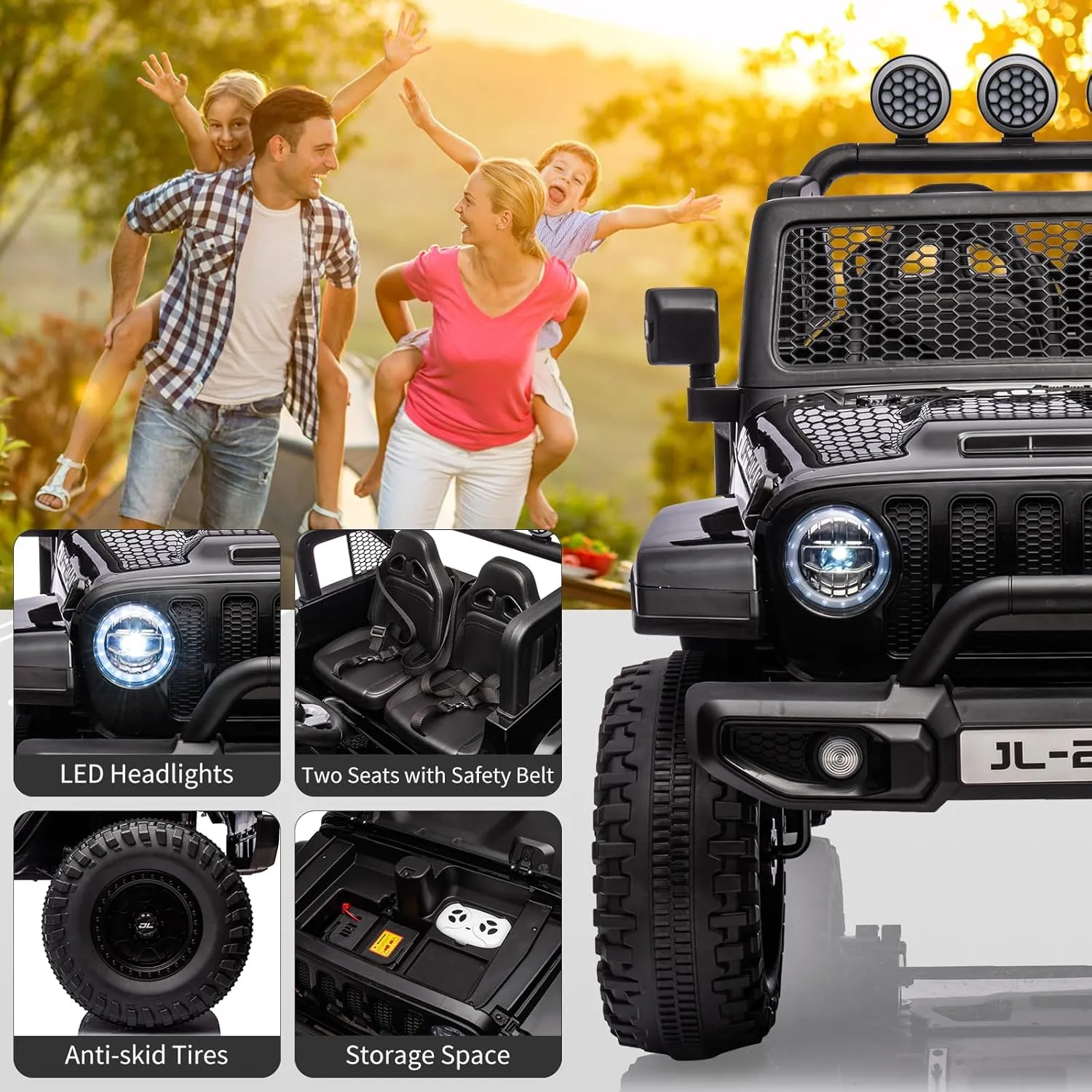 2 Seater Kids Ride on Car 24V Electric Vehicles for Toddlers 2WD/4WD Switchable Battery Powered Truck Cars with Remote Control, Trunk, 4-Wheeler Suspension, LED Lights, Music (Black)