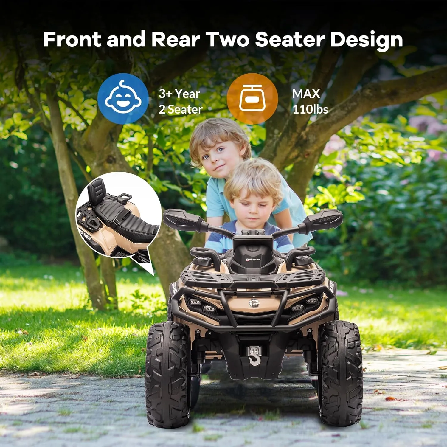 2 Seater Ride On Car, 24V 4WD Electric ATV Car for Kids, Leather Seaters, Safety Belt, Bluetooth, 1.86 to 4.79 Mph 4 Wheeler Electric Toy Car As Gift for Boys, Girls, Brown