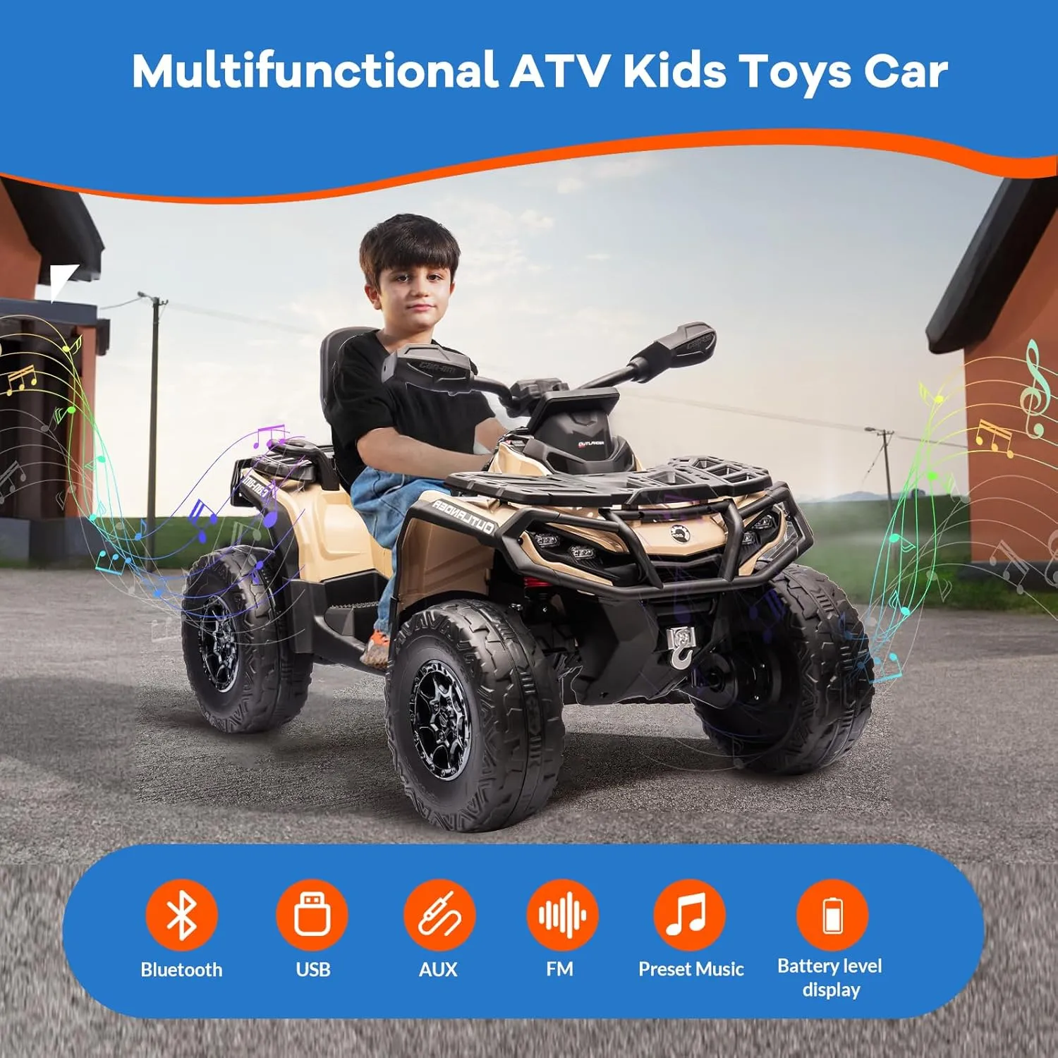 2 Seater Ride On Car, 24V 4WD Electric ATV Car for Kids, Leather Seaters, Safety Belt, Bluetooth, 1.86 to 4.79 Mph 4 Wheeler Electric Toy Car As Gift for Boys, Girls, Brown