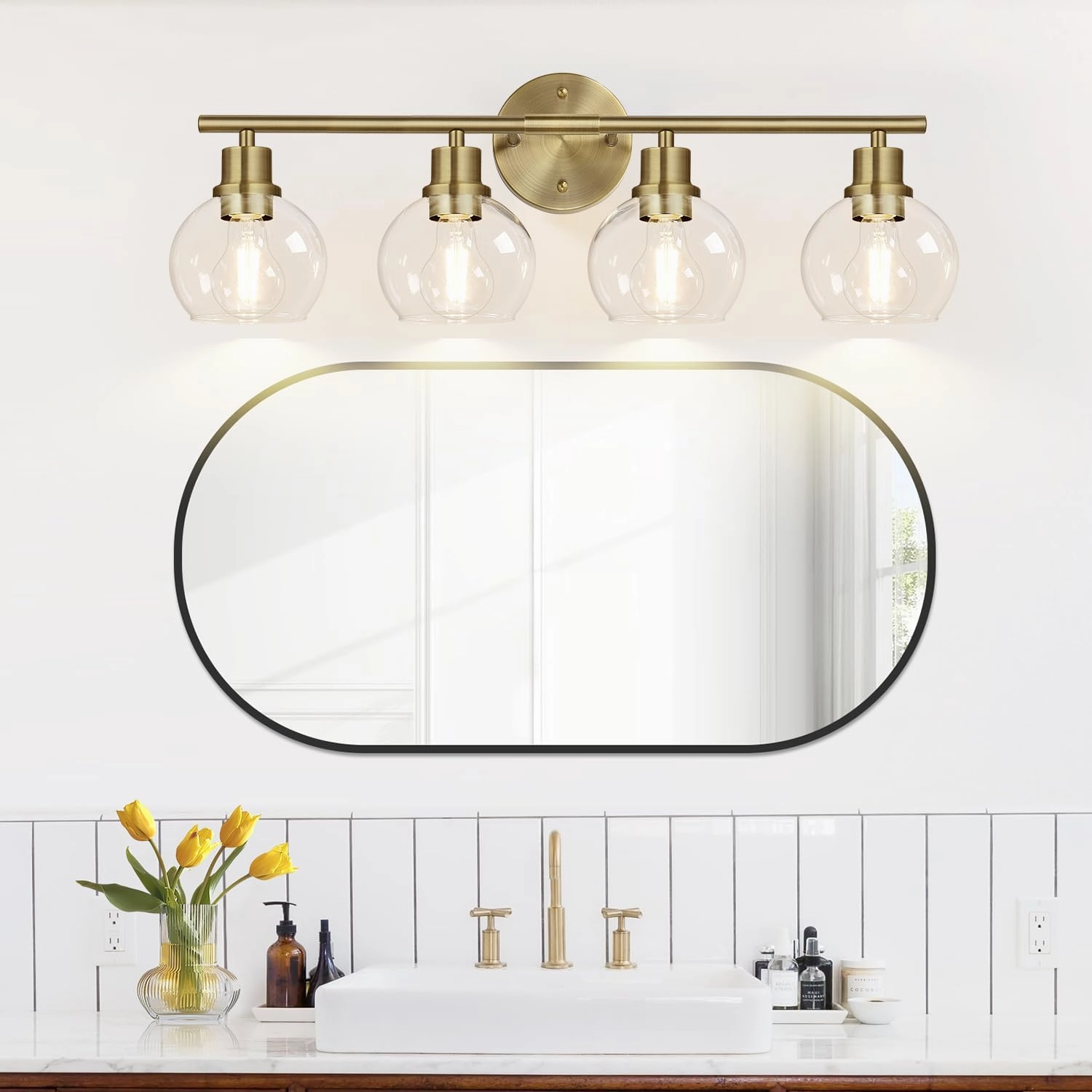 2024 Upgrade 4-Light Bathroom Light Fixtures, Brushed Brass Bathroom Lights Over Mirror with Clear Glass Globe Shade, Vanity Lights for Bathroom Kitchen Living Room Hallway Cabinet Bedroom Porch