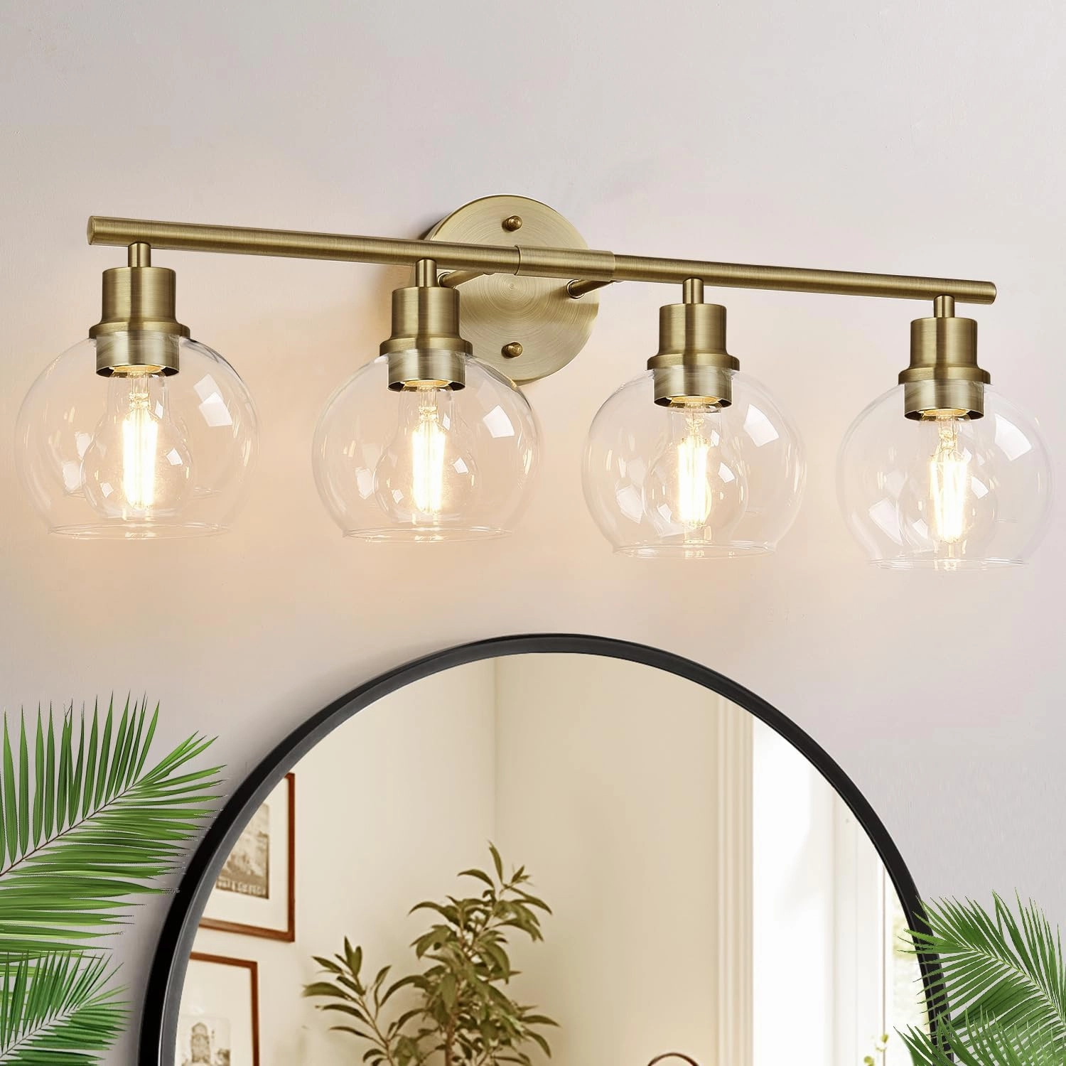 2024 Upgrade 4-Light Bathroom Light Fixtures, Brushed Brass Bathroom Lights Over Mirror with Clear Glass Globe Shade, Vanity Lights for Bathroom Kitchen Living Room Hallway Cabinet Bedroom Porch