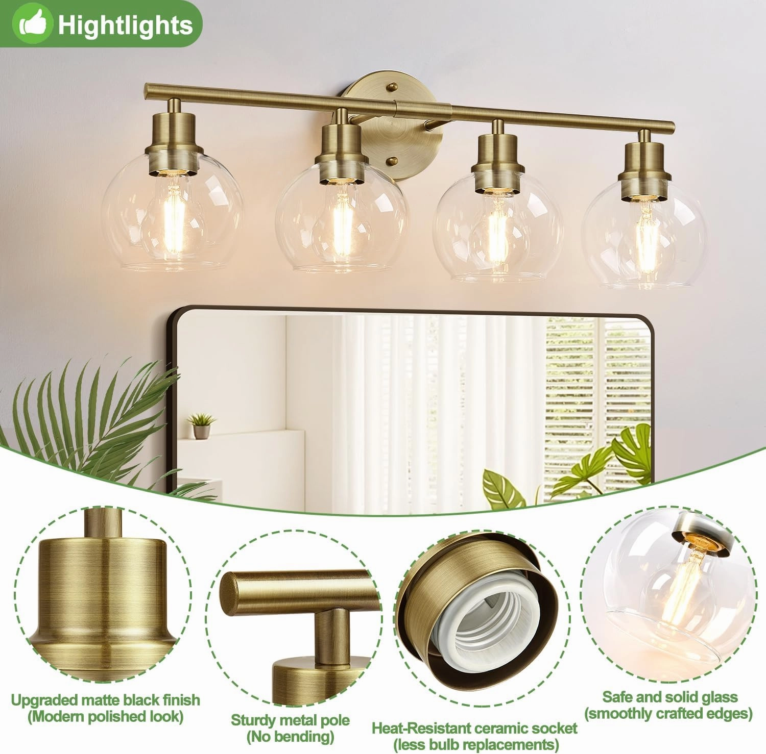 2024 Upgrade 4-Light Bathroom Light Fixtures, Brushed Brass Bathroom Lights Over Mirror with Clear Glass Globe Shade, Vanity Lights for Bathroom Kitchen Living Room Hallway Cabinet Bedroom Porch