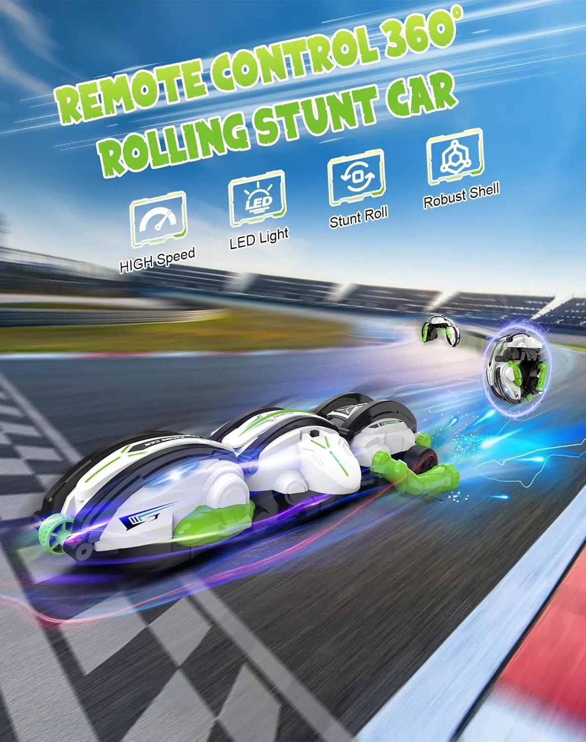 2025 Remote Control Car Snake 360° Rolling - RC Stunt Snake Car with LED Lights，2 Batteries 60 min，Indoor/Outdoor Toys for Kids Ages Age 6-12，Gifts for Christmas Birthday