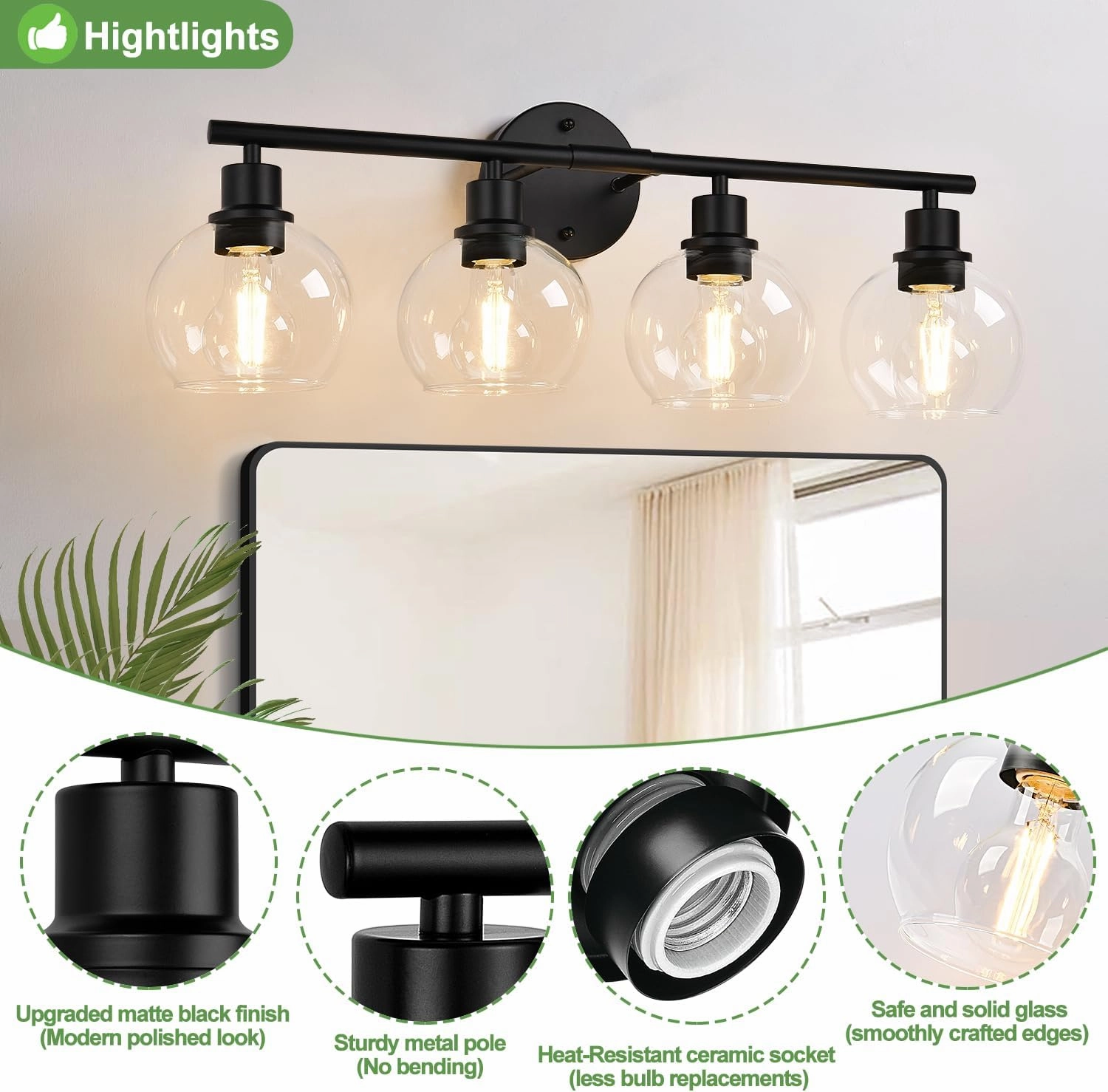 2025 Upgrade 4-Light Bathroom Light Fixtures, Black Bathroom Lights Over Mirror with Clear Glass Globe Shade, Vanity Lights for Bathroom Kitchen Living Room Hallway Cabinet Bedroom Porch
