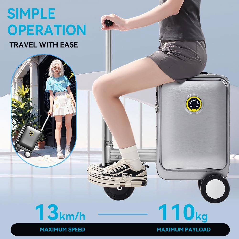 20L SE3S Smart Electric Suitcase Portable Rideable Travel Riding Suitcase, USB Charging Carry on Luggage with Wheels,Speed 13km/h, Luggage for Adults Travel (silver)