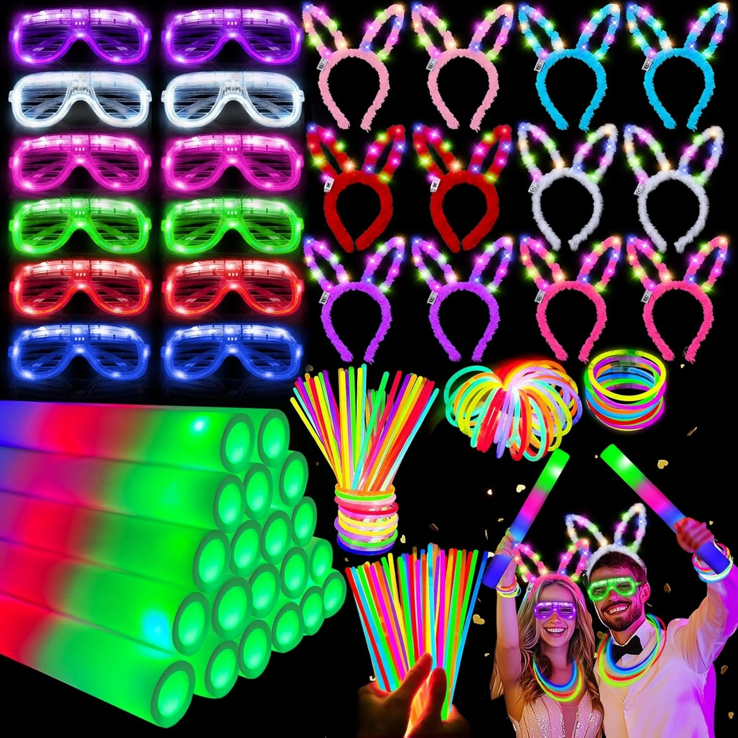 236 PCS Glow in the Dark Party Supplies Accessories for Kids Adults, 12PCS Bunny LED Headband, 12PCS Foam Glow Sticks, 12PCS LED Glasses, 200PCS Glow Sticks Bracrelets Necklaces, 4th of July,Birthday
