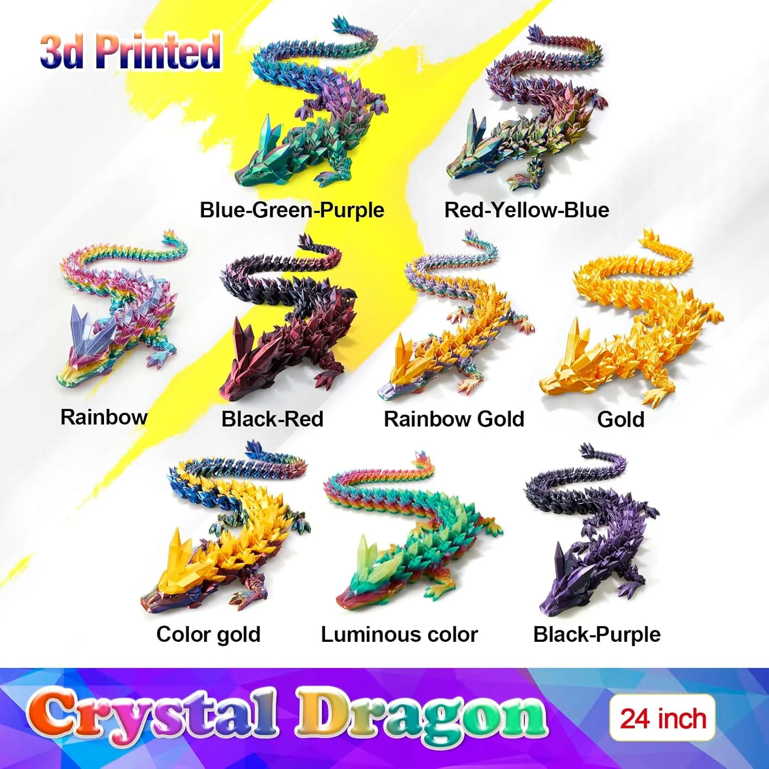 24 Inch Large 3D Printed Crystal Dragon Toy,Dragon Figurine Large Toy for Kids (Red-Yellow-Blue, 24 inch)