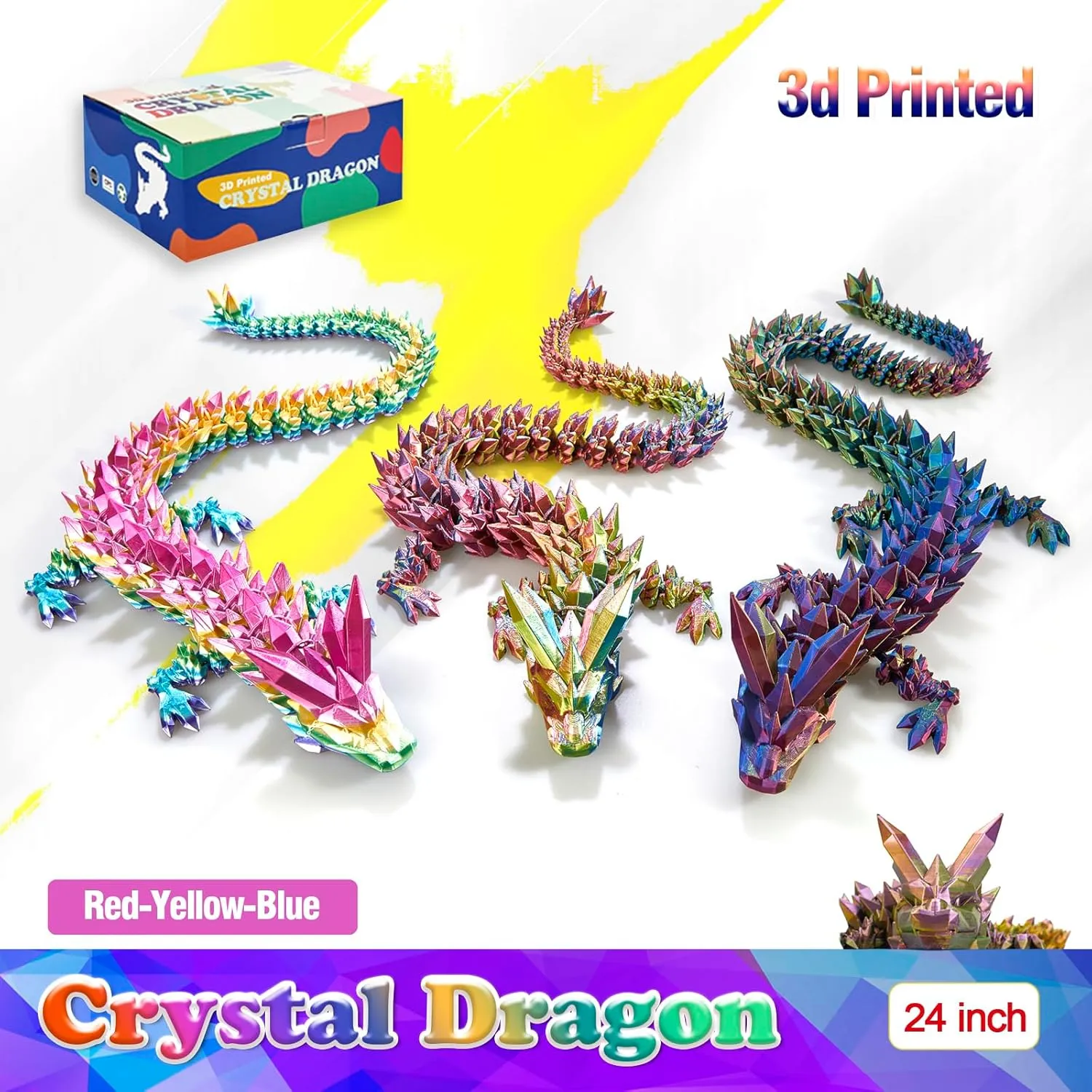 24 Inch Large 3D Printed Crystal Dragon Toy,Dragon Figurine Large Toy for Kids (Red-Yellow-Blue, 24 inch)