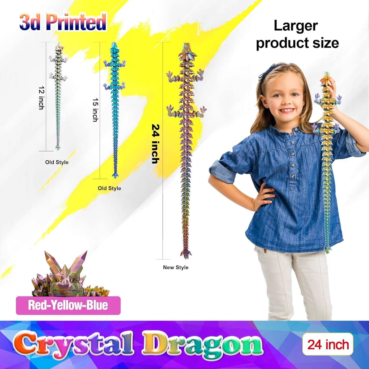 24 Inch Large 3D Printed Crystal Dragon Toy,Dragon Figurine Large Toy for Kids (Red-Yellow-Blue, 24 inch)