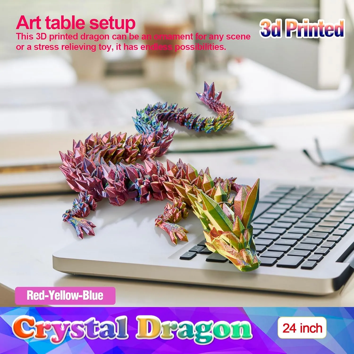 24 Inch Large 3D Printed Crystal Dragon Toy,Dragon Figurine Large Toy for Kids (Red-Yellow-Blue, 24 inch)