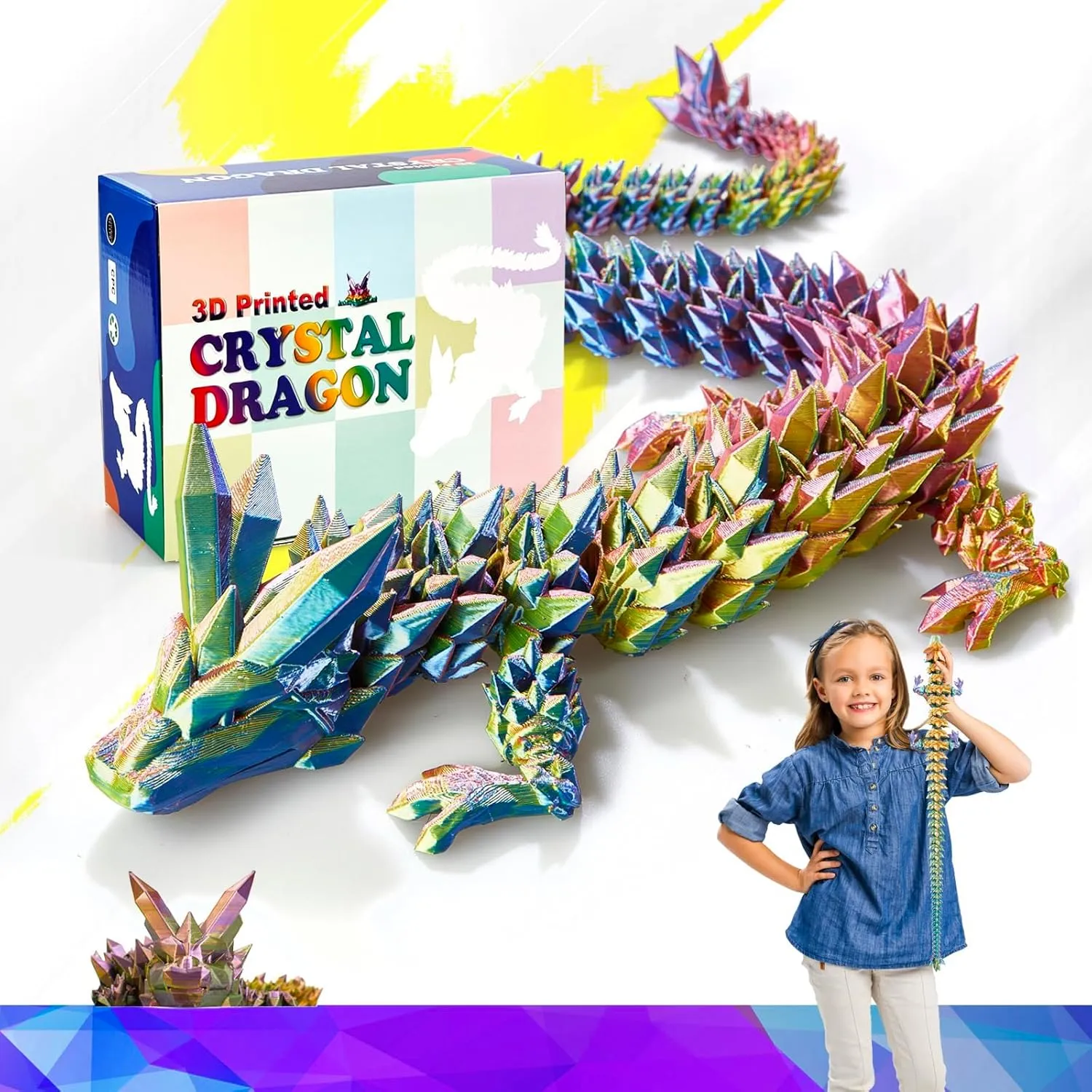 24 Inch Large 3D Printed Crystal Dragon Toy,Dragon Figurine Large Toy for Kids (Red-Yellow-Blue, 24 inch)