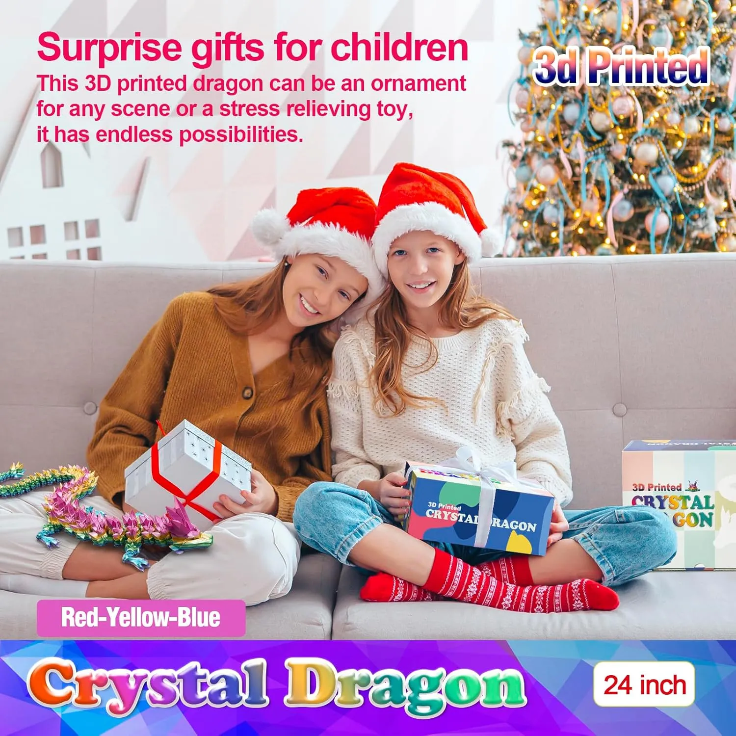 24 Inch Large 3D Printed Crystal Dragon Toy,Dragon Figurine Large Toy for Kids (Red-Yellow-Blue, 24 inch)