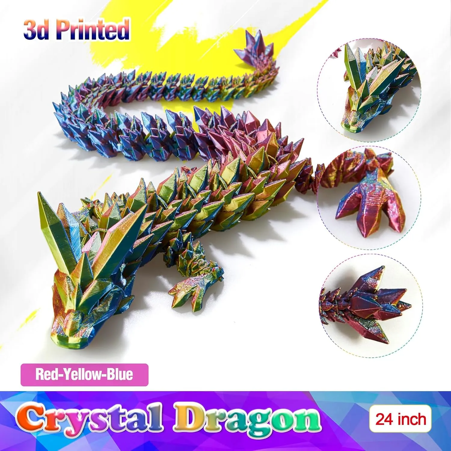 24 Inch Large 3D Printed Crystal Dragon Toy,Dragon Figurine Large Toy for Kids (Red-Yellow-Blue, 24 inch)