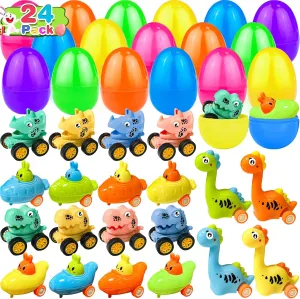 24 Pack Prefilled Easter Eggs with 24 Pull Back Car Toys for Toddler, Easter Eggs with Cute Dinosaur Bunny Toy Car Inside for Kids Boys Girls Easter Basket Stuffers Filler Egg Hunt Easter Party Favor