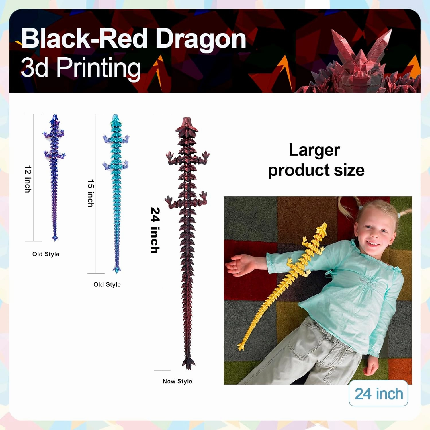 24 in 3D Printed Dragon, 24inch Dragon，3D Dragon Toy,Large Dragon Present,Ariculated Crystal Dragon(Red Black, 24inch)