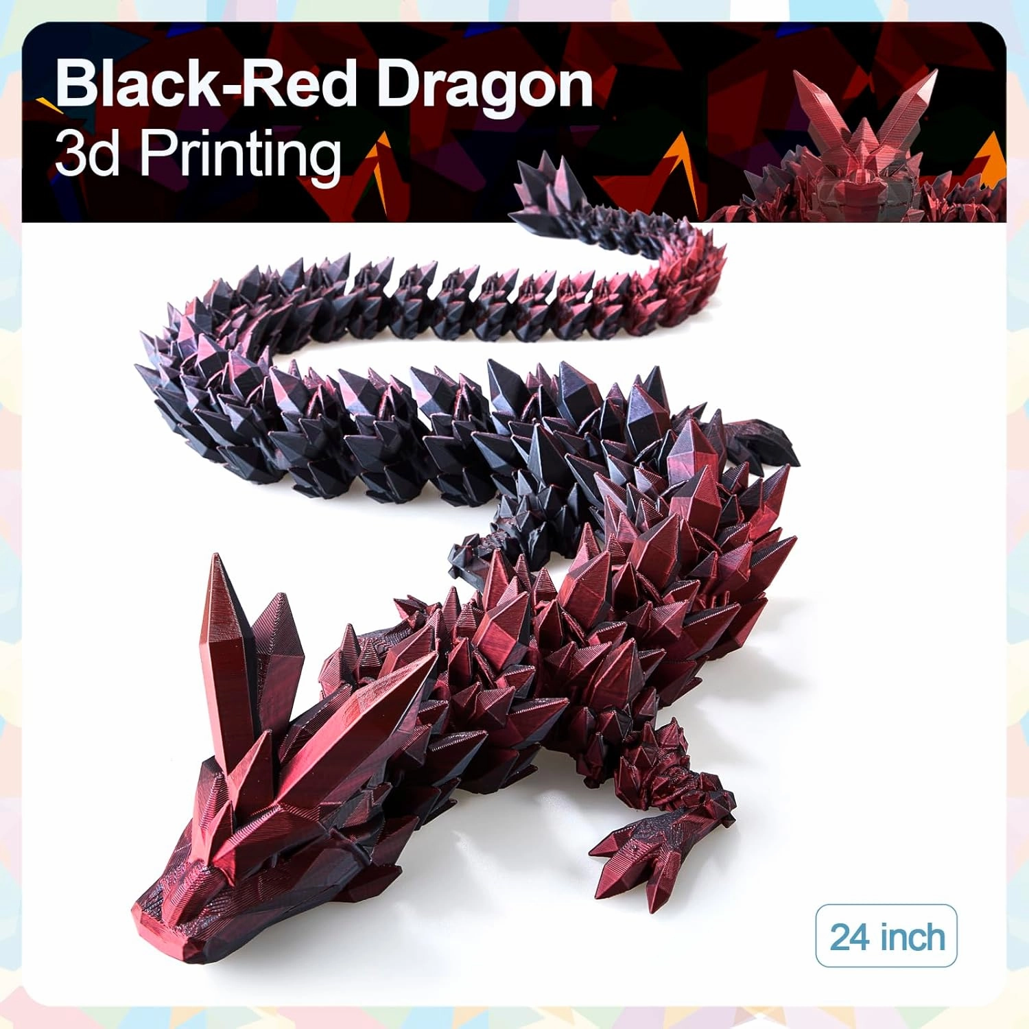 24 in 3D Printed Dragon, 24inch Dragon，3D Dragon Toy,Large Dragon Present,Ariculated Crystal Dragon(Red Black, 24inch)