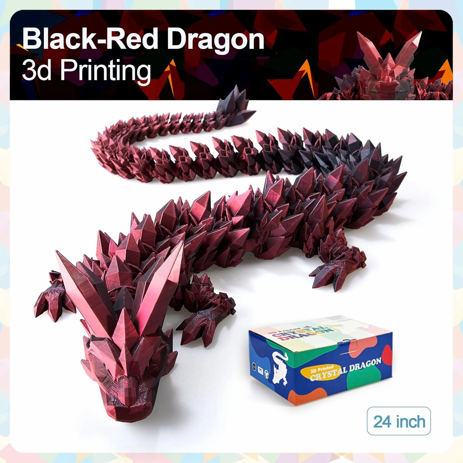 24 in 3D Printed Dragon, 24inch Dragon，3D Dragon Toy,Large Dragon Present,Ariculated Crystal Dragon(Red Black, 24inch)