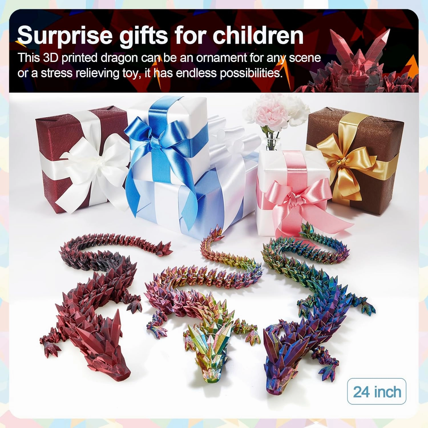 24 in 3D Printed Dragon, 24inch Dragon，3D Dragon Toy,Large Dragon Present,Ariculated Crystal Dragon(Red Black, 24inch)