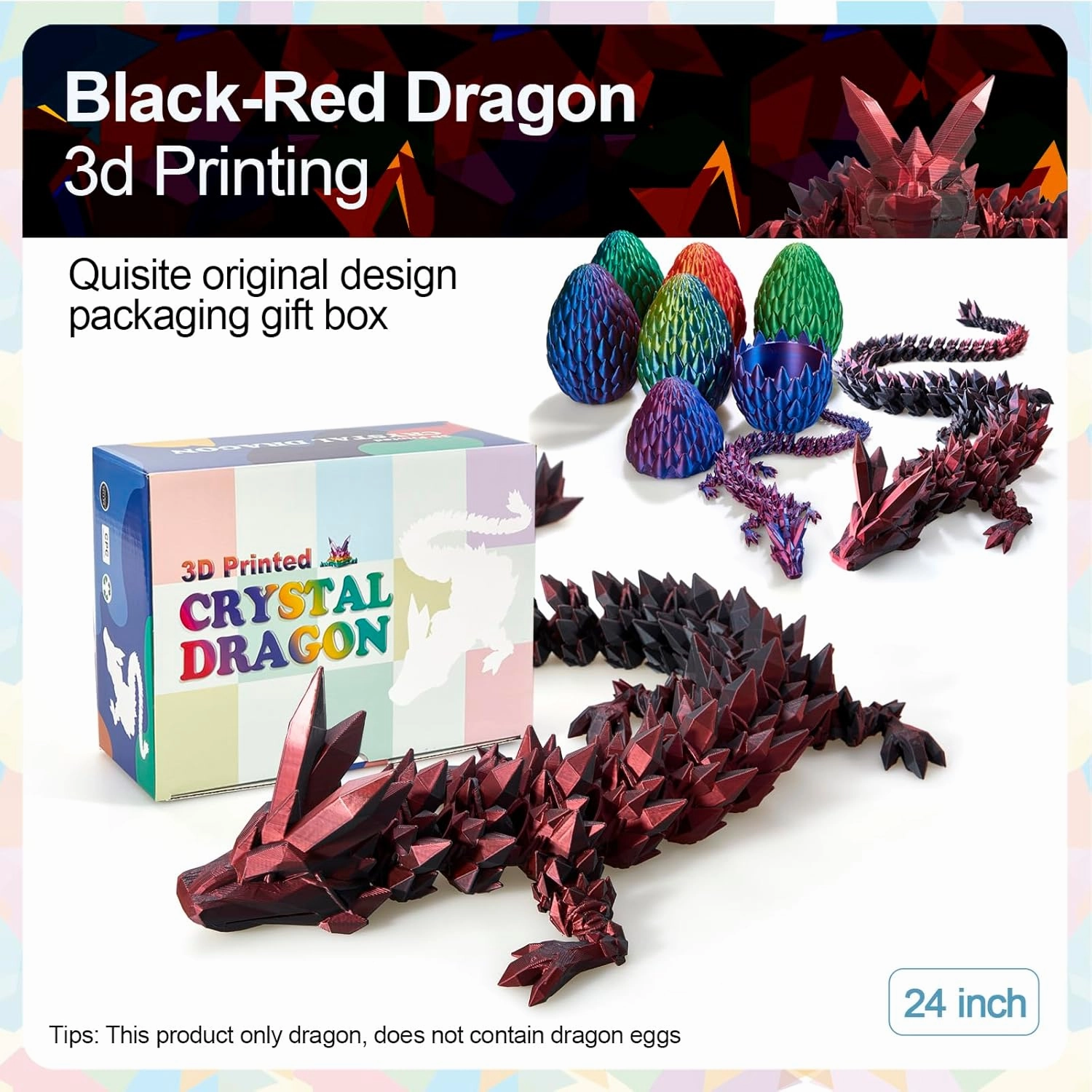 24 in 3D Printed Dragon, 24inch Dragon，3D Dragon Toy,Large Dragon Present,Ariculated Crystal Dragon(Red Black, 24inch)