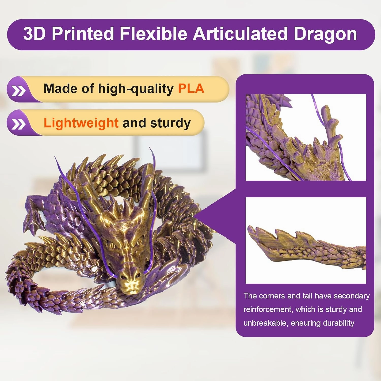 24 inch 3D Printed Dragon,3D Printed Flexible Articulated Dragon, Reinforcement of Unbreakable 3D Dragon,Dragon Fidget Toys for Autism/ADHD,Home Office Decor Executive Desk Toy (Brown)