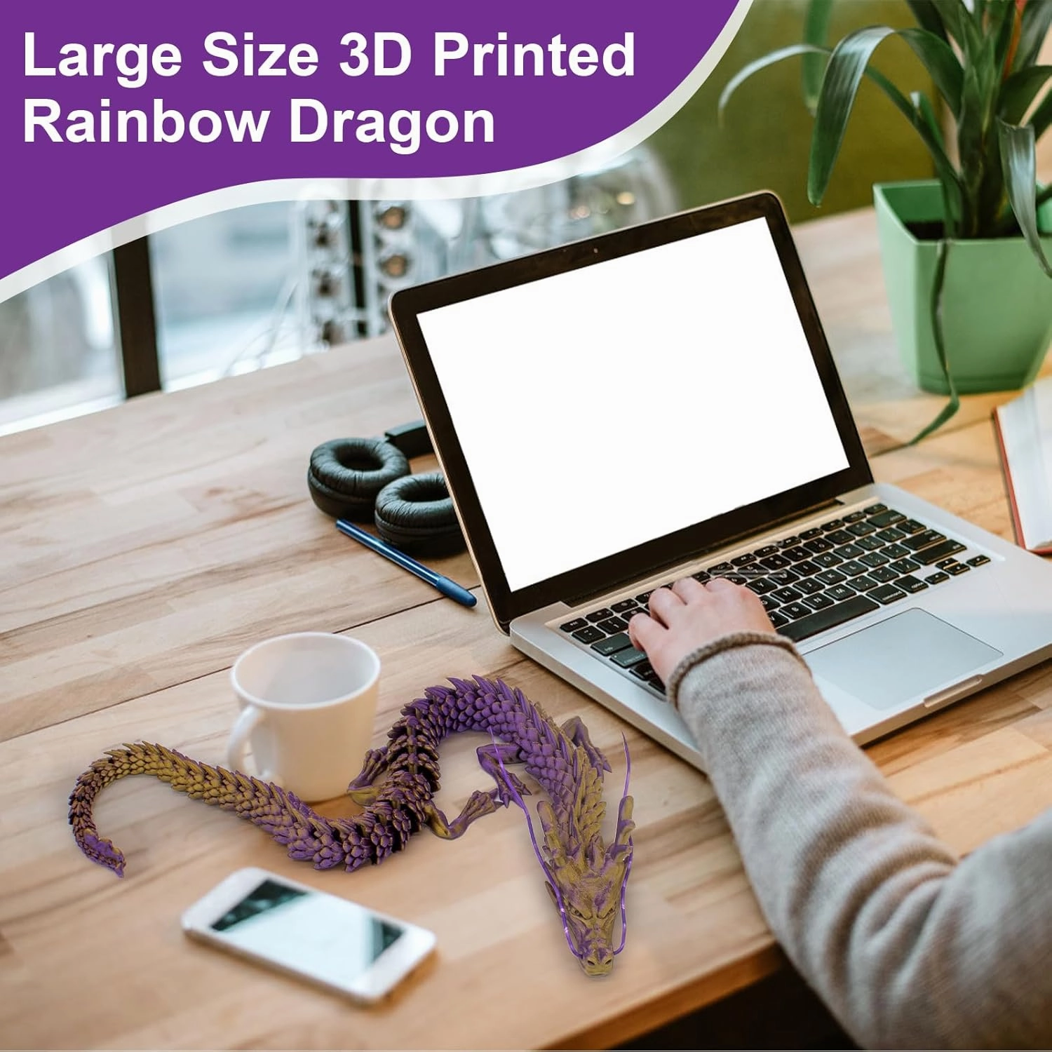 24 inch 3D Printed Dragon,3D Printed Flexible Articulated Dragon, Reinforcement of Unbreakable 3D Dragon,Dragon Fidget Toys for Autism/ADHD,Home Office Decor Executive Desk Toy (Brown)