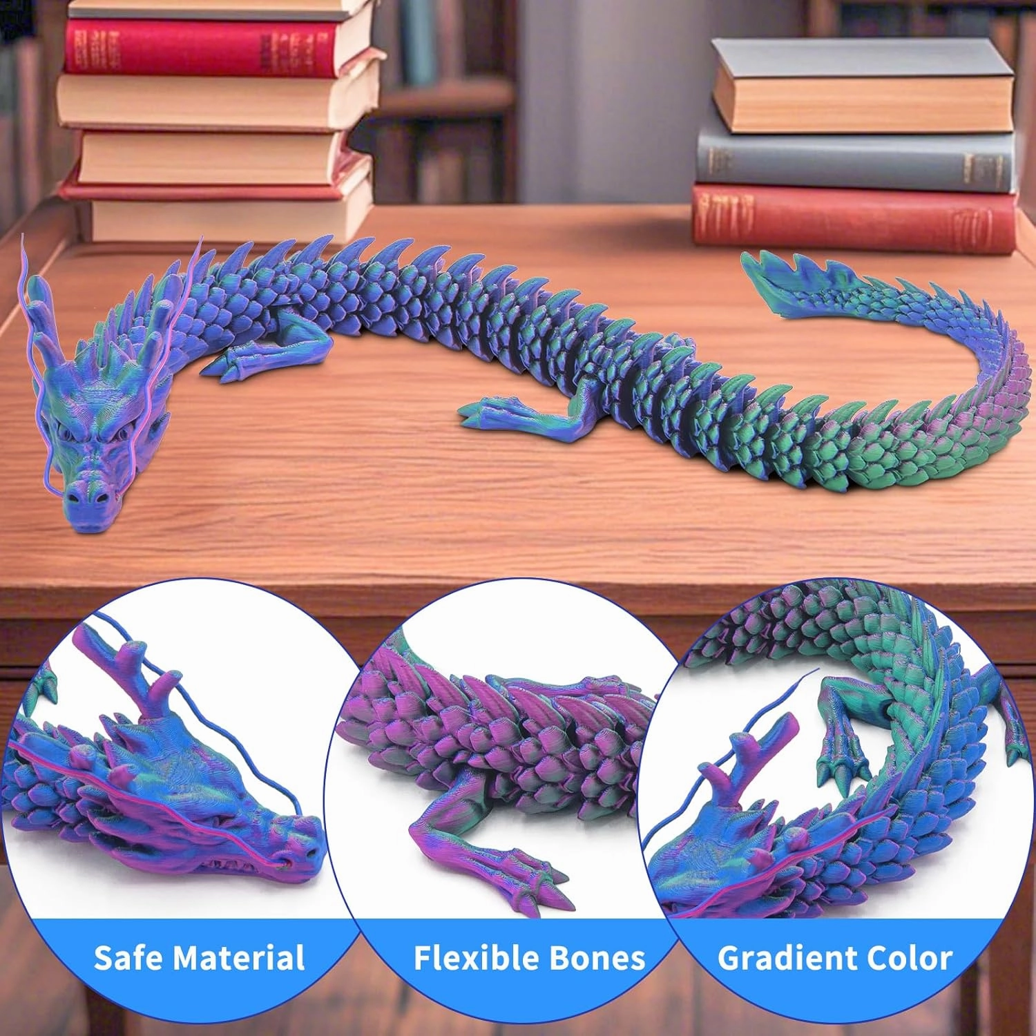 24 Inch 3D Printed Dragon – Flexible Articulated Dragon Toy for Adults, Unbreakable Crystal PLA Dragon for Stress Relief, ADHD/Autism Fidget Toy, Home & Office Decor