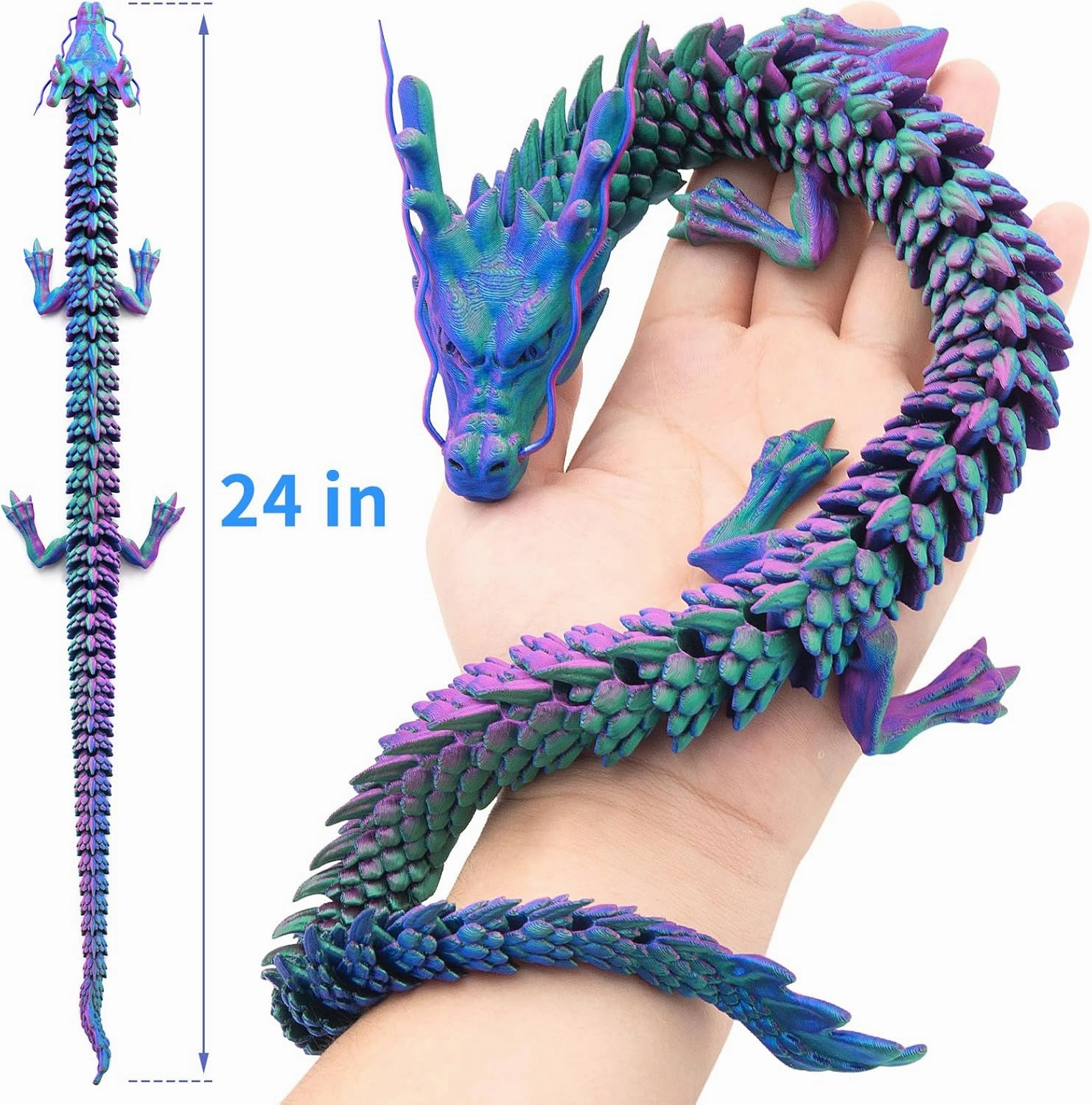 24 Inch 3D Printed Dragon – Flexible Articulated Dragon Toy for Adults, Unbreakable Crystal PLA Dragon for Stress Relief, ADHD/Autism Fidget Toy, Home & Office Decor
