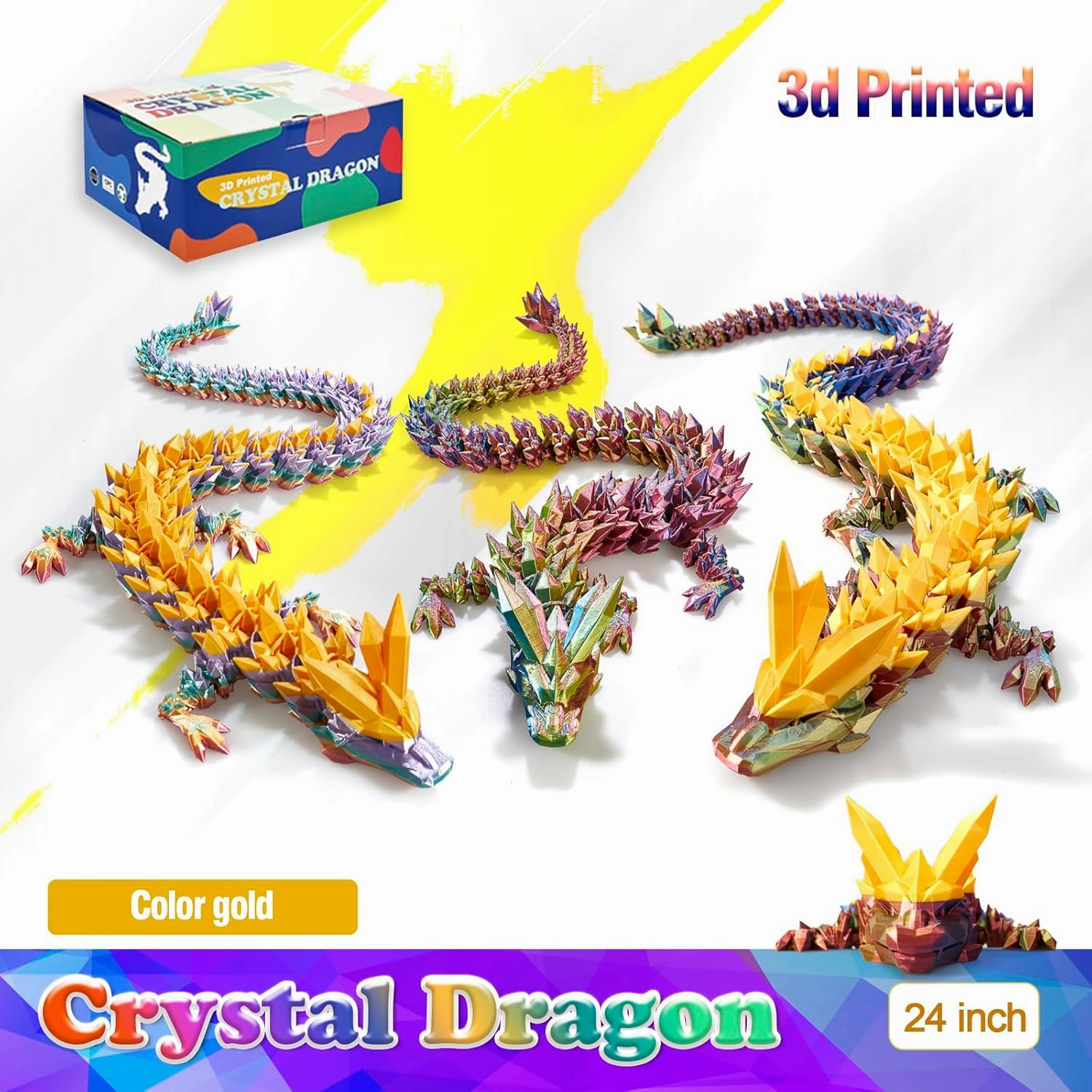 24 Inch Large 3D Printed Crystal Dragon Toy,Dragon Figurine Large Toy for Kids(Magic Gold)