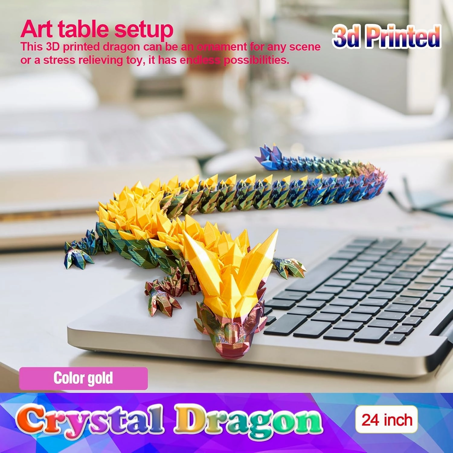 24 Inch Large 3D Printed Crystal Dragon Toy,Dragon Figurine Large Toy for Kids(Magic Gold)