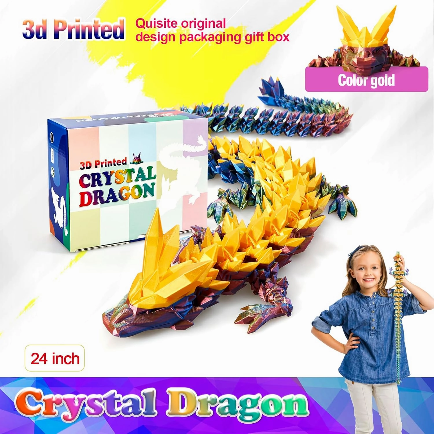 24 Inch Large 3D Printed Crystal Dragon Toy,Dragon Figurine Large Toy for Kids(Magic Gold)