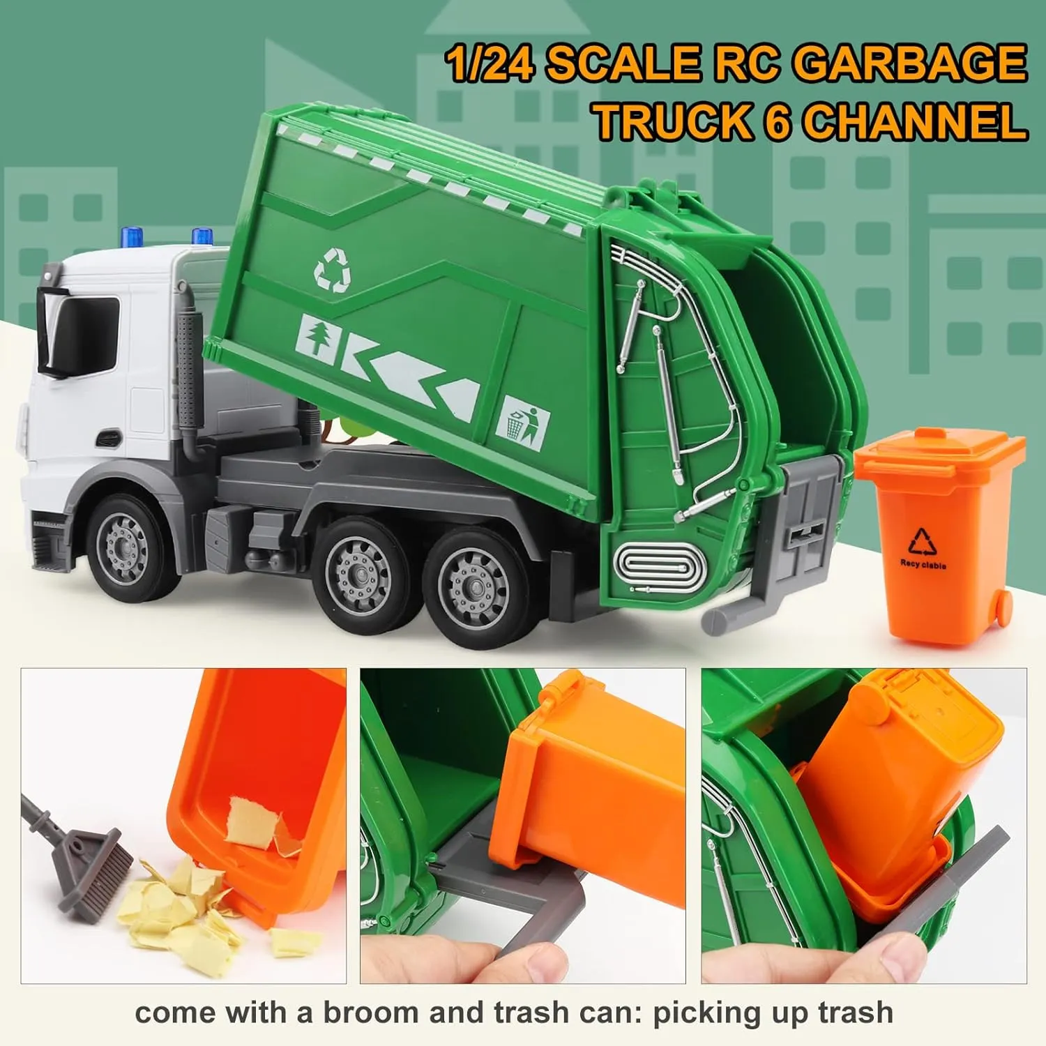 2.4Ghz Remote Control Garbage Truck Toy With Trash Bin and Real Lights - 1/24 Scale 6 Channel Rechargeable RC Recycling Truck Gift for Boys and Kids