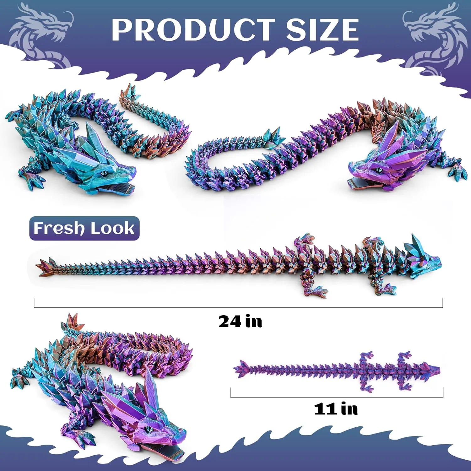 24Inch Large 3D Printed Dragon with Eyes,Open-Mouthed Full,Big Articulated Crystal Dragon Fidget Toy,Home Office Decor Executive Desk Present Toys,3D Printed Animals Gift
