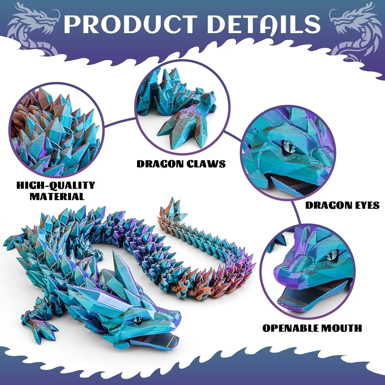24Inch Large 3D Printed Dragon with Eyes,Open-Mouthed Full,Big Articulated Crystal Dragon Fidget Toy,Home Office Decor Executive Desk Present Toys,3D Printed Animals Gift