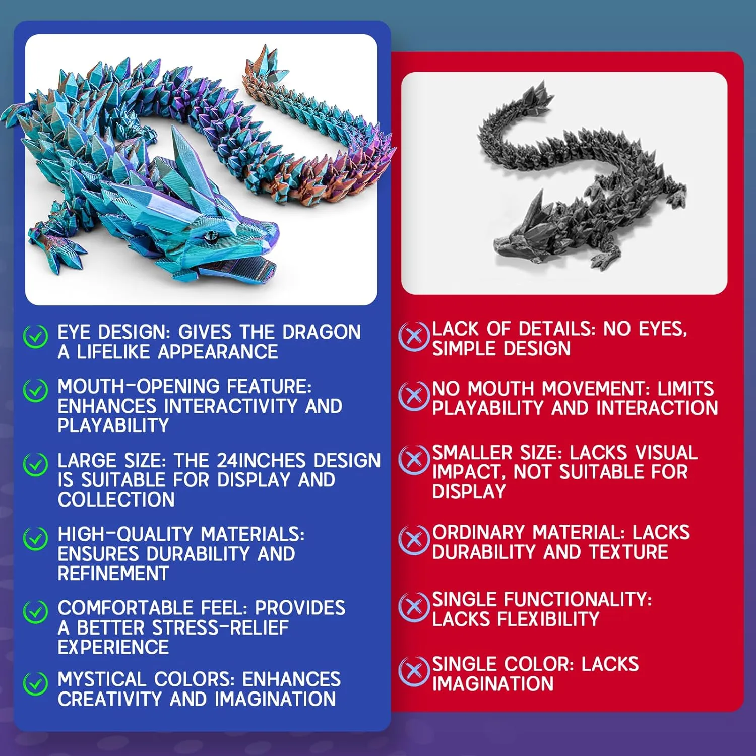 24Inch Large 3D Printed Dragon with Eyes,Open-Mouthed Full,Big Articulated Crystal Dragon Fidget Toy,Home Office Decor Executive Desk Present Toys,3D Printed Animals Gift