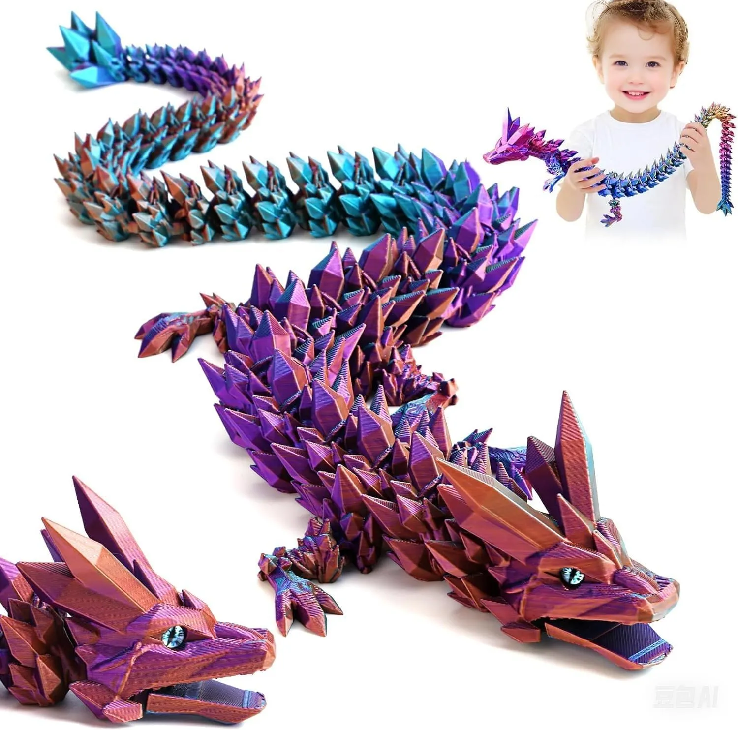 24Inch Large 3D Printed Dragon with Eyes,Open-Mouthed Full,Big Articulated Crystal Dragon Fidget Toy,Home Office Decor Executive Desk Present Toys,3D Printed Animals Gift