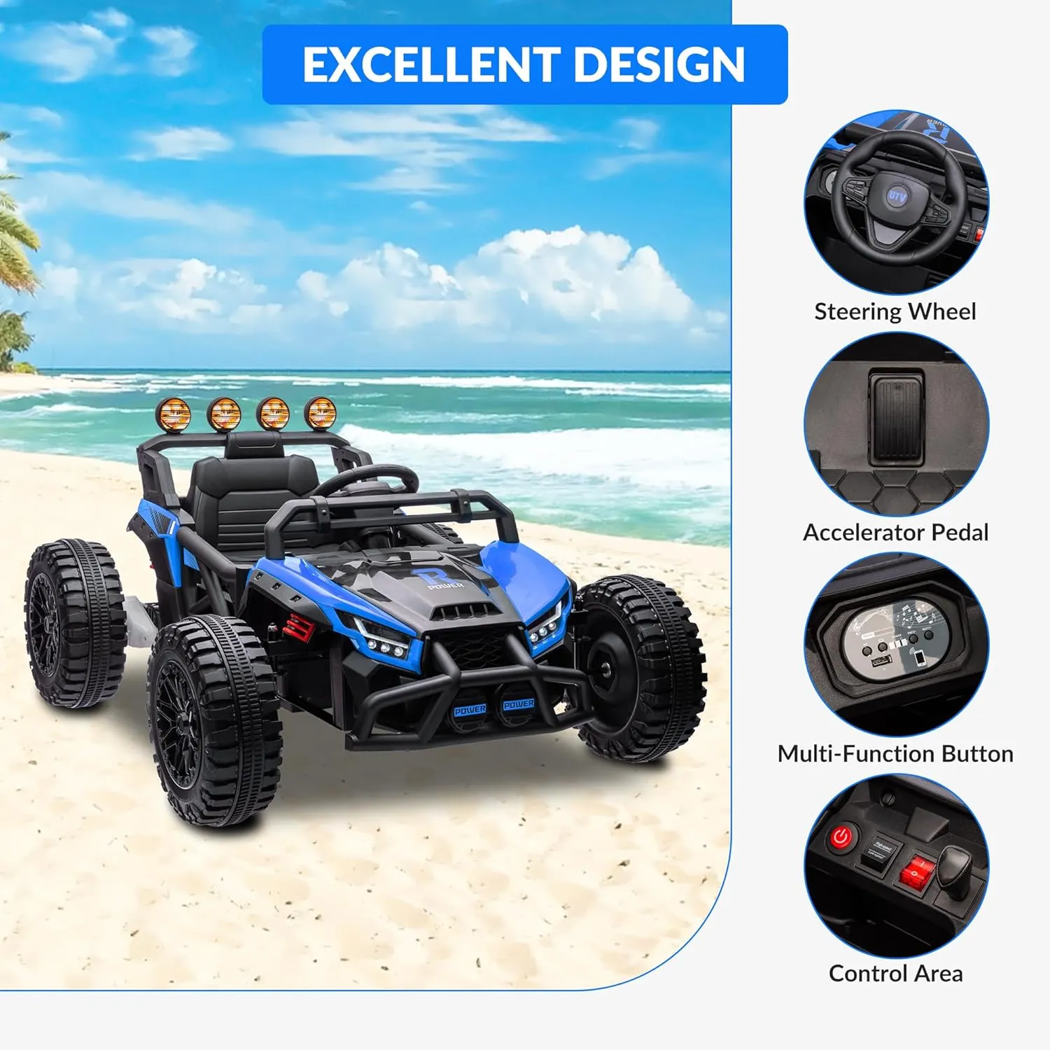 24V Electric Kids Car Truck with Adjustable Speed and LED Lights. Perfect for Parks, Backyards or Sidewalks.(Blue)